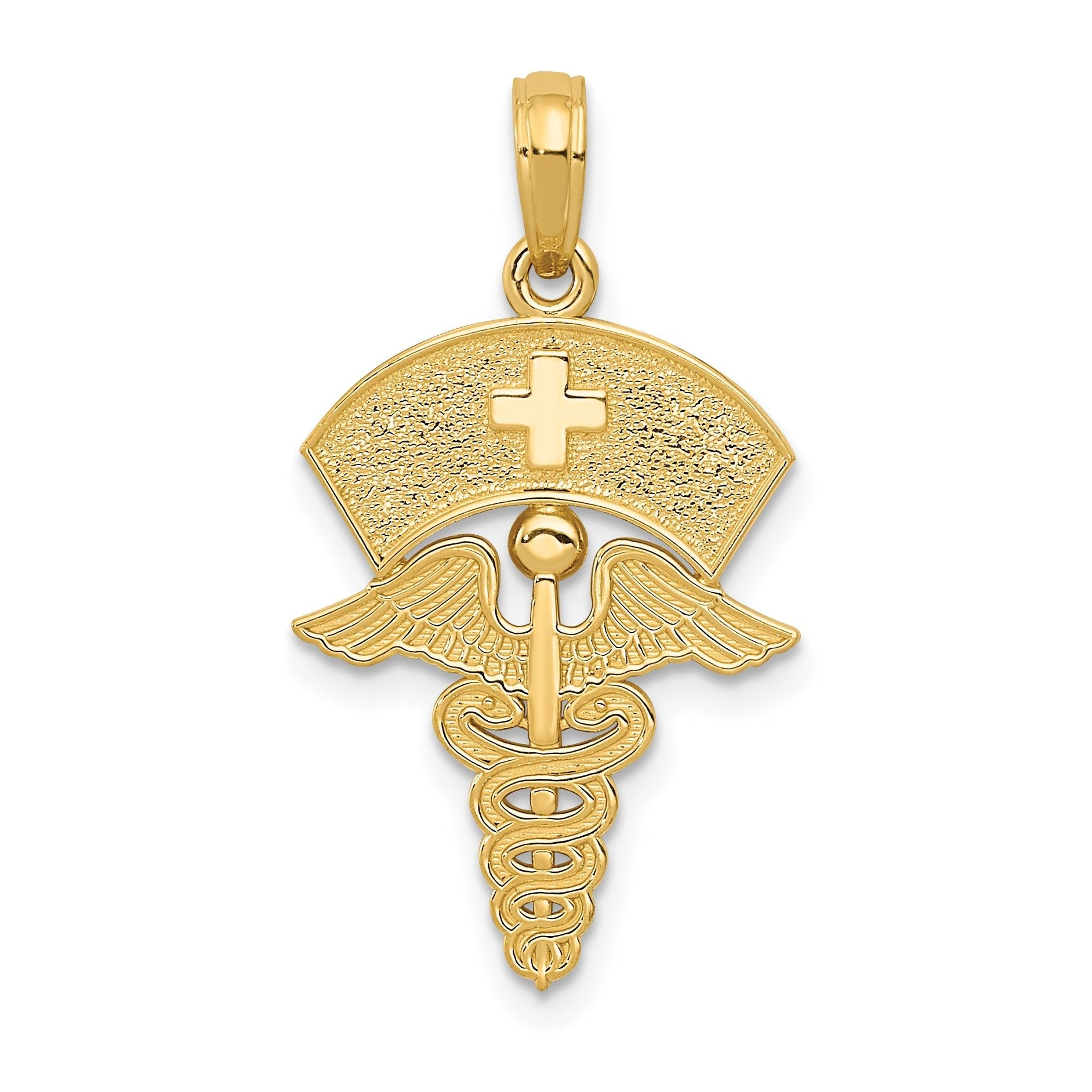 14K Gold Caduceus Nurses Cap Pendant with Polished Textured Design