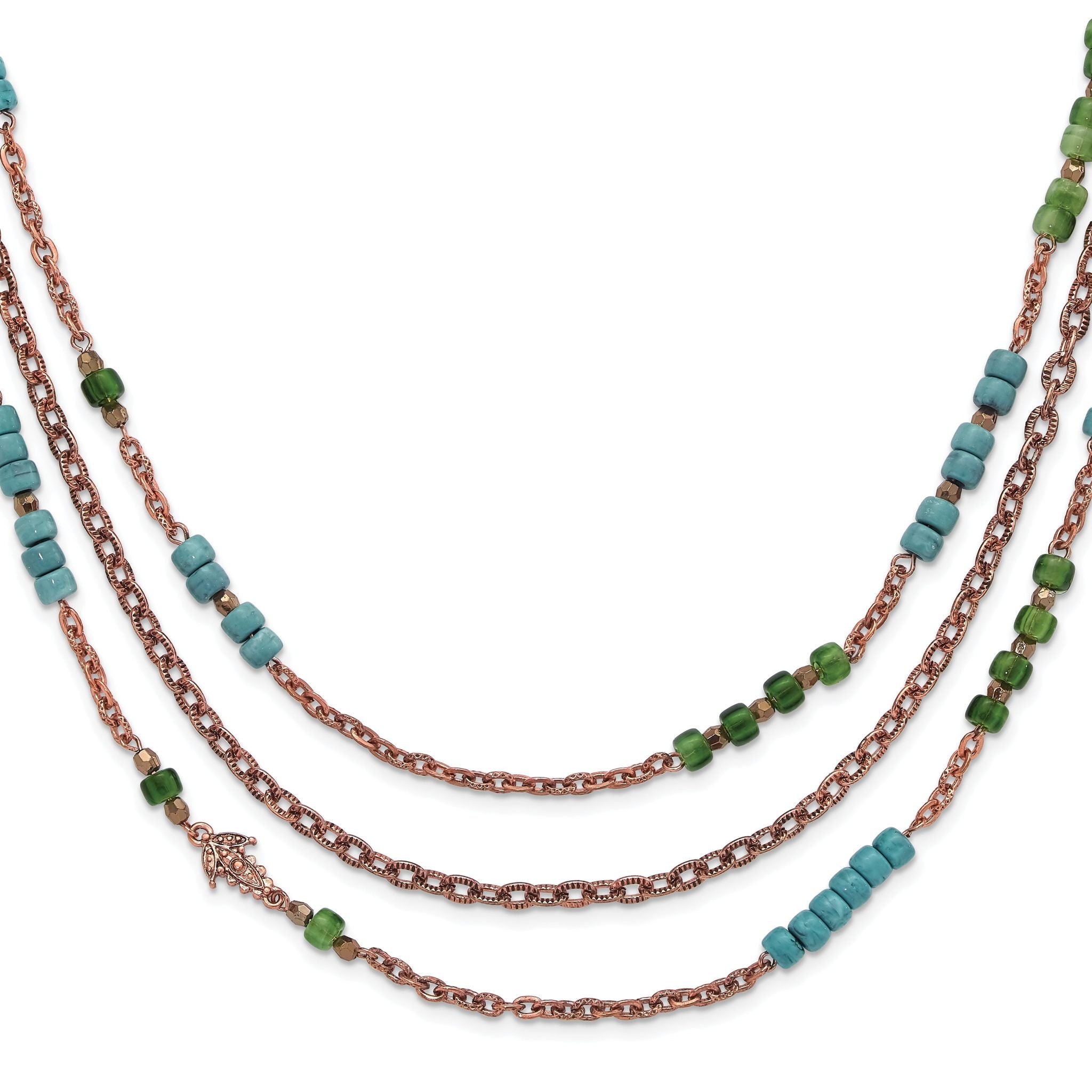 1928 Copper-tone Green, Teal Blue & Brown Acrylic Beads 42in Necklace Main image