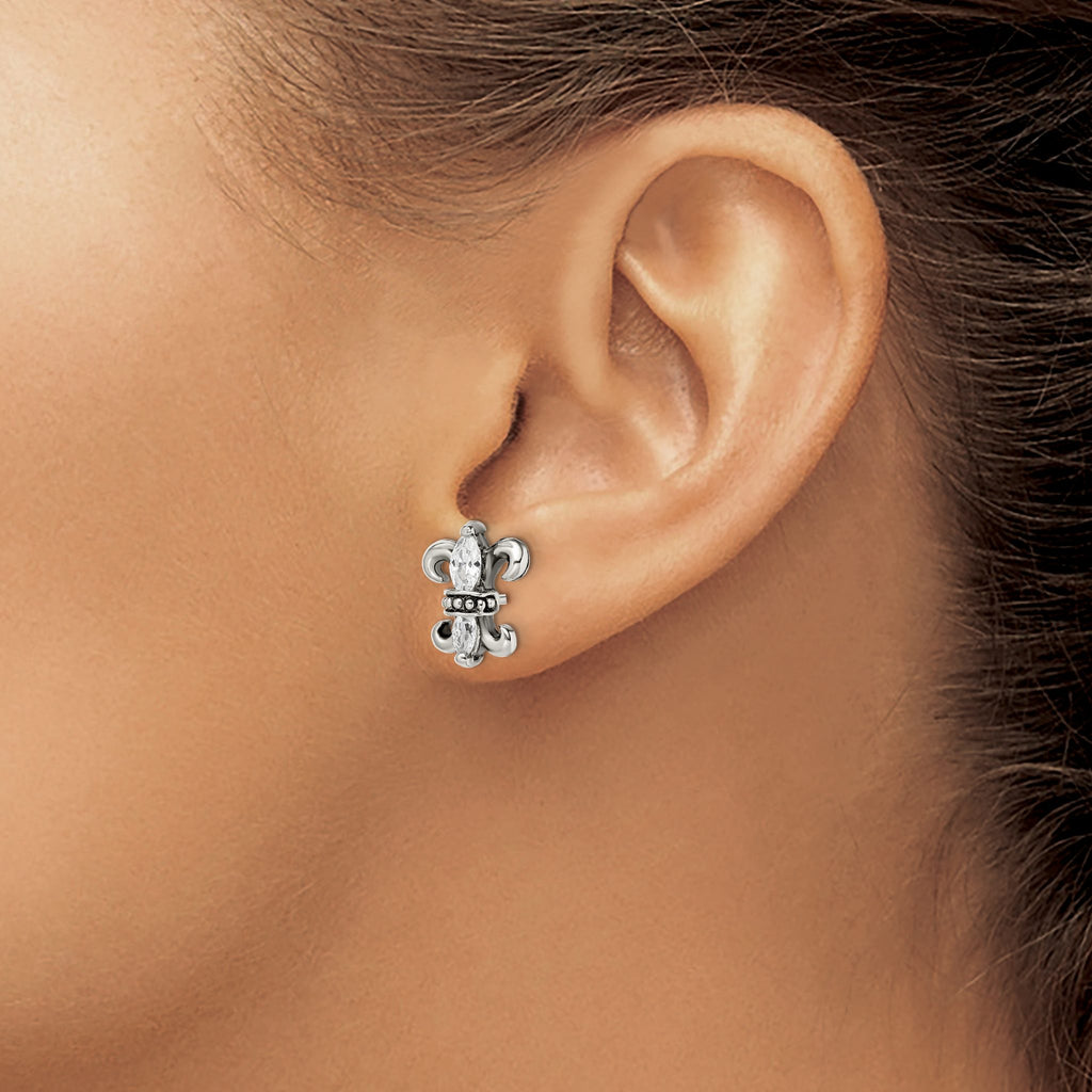 Stainless Steel Antiqued Textured Cubic Zirconia Button Earrings for Women
