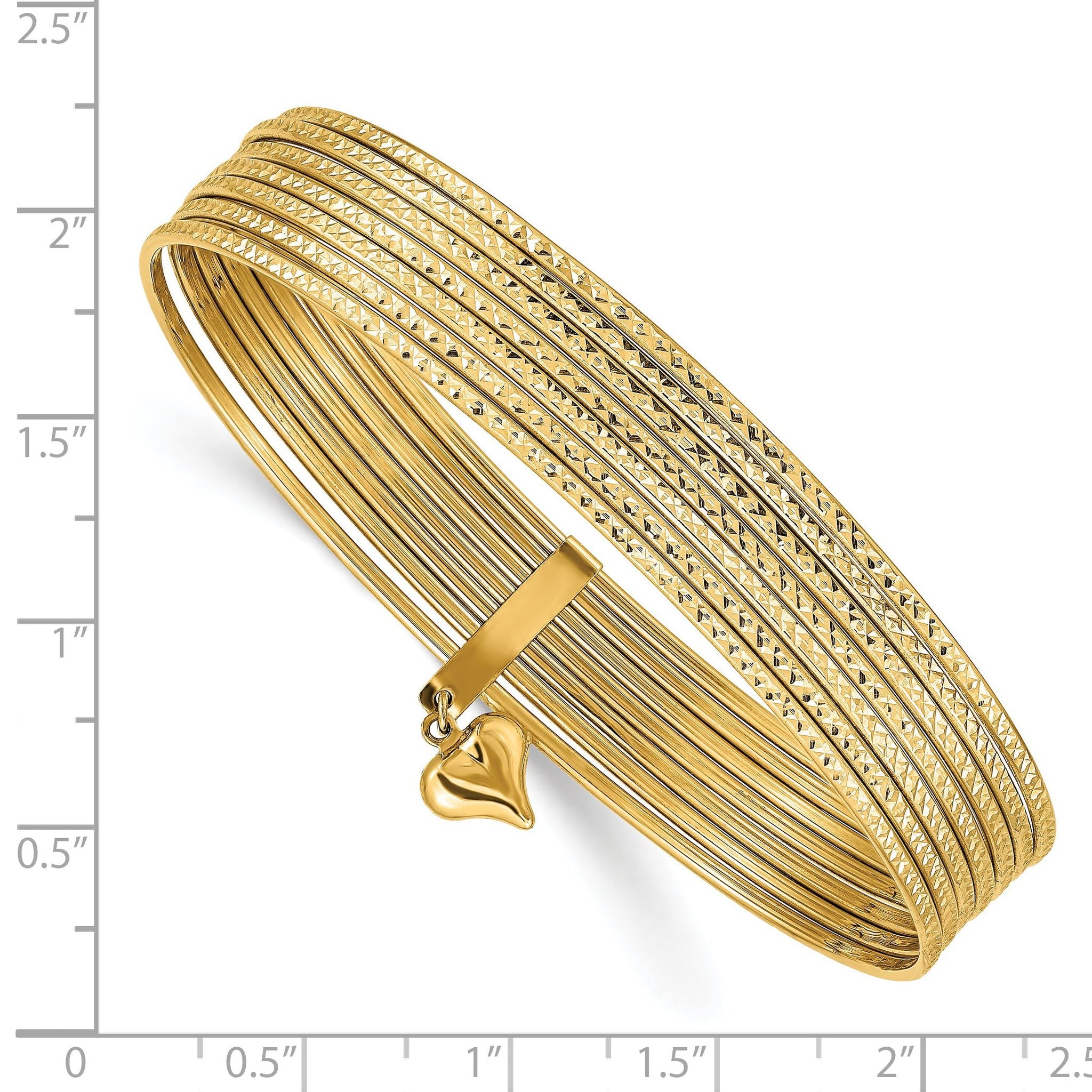 14K Polished and Textured with Dangle Heart 7-Strand 11.00mm Slip-on Round Bangle Bracelet