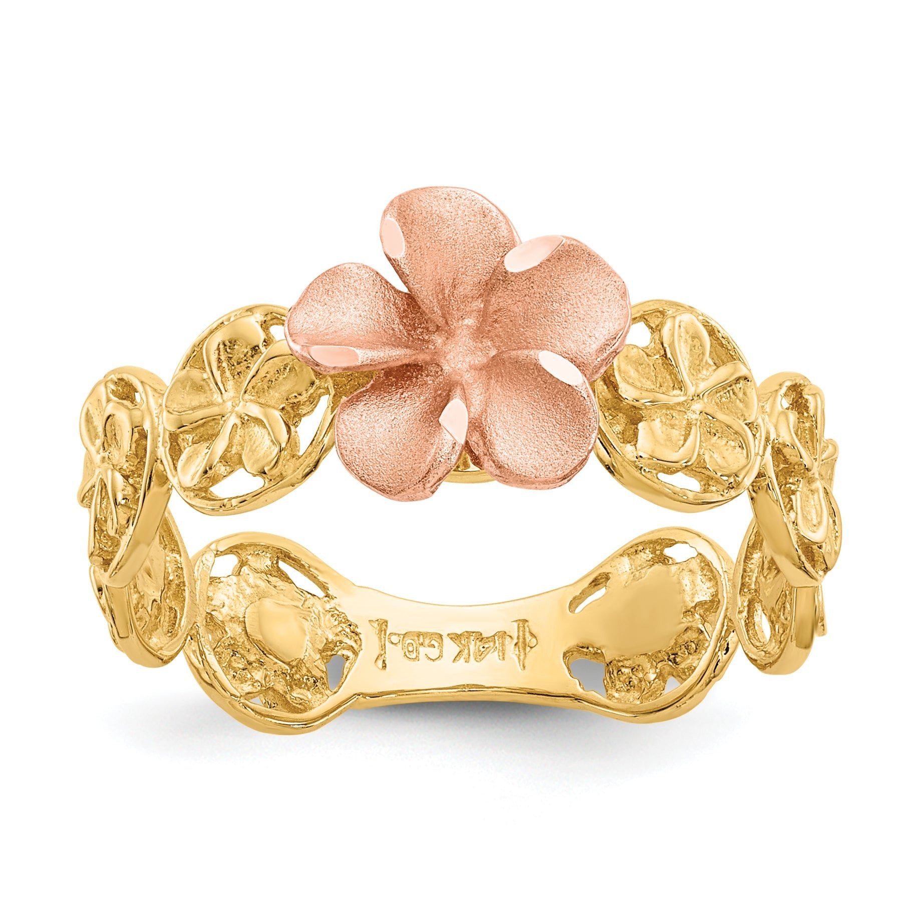 14k Yellow & Rose Gold Diamond-cut Plumeria Flower Ring Main image