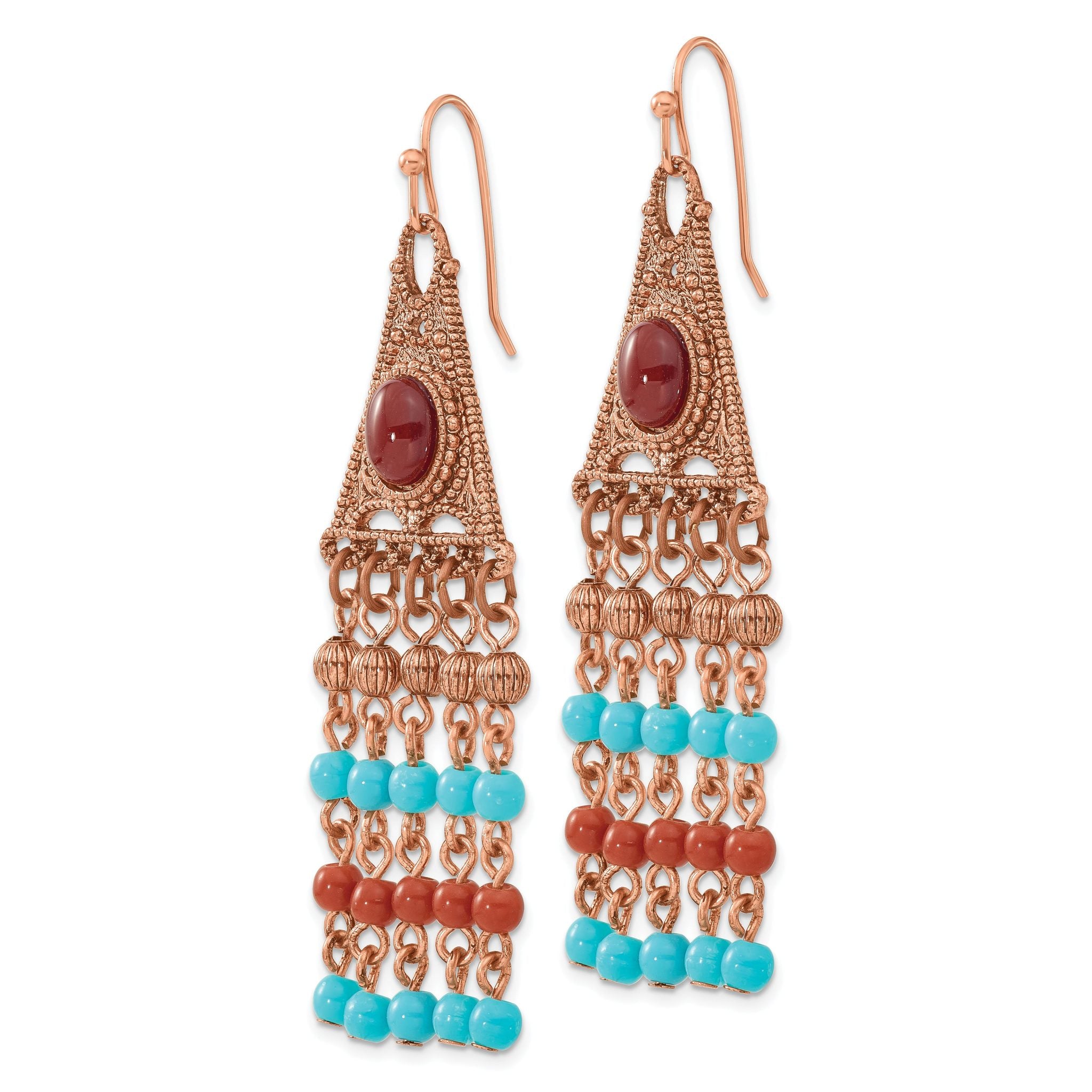 Aqua & Brown Beaded Dangle Earrings in Copper-Tone
