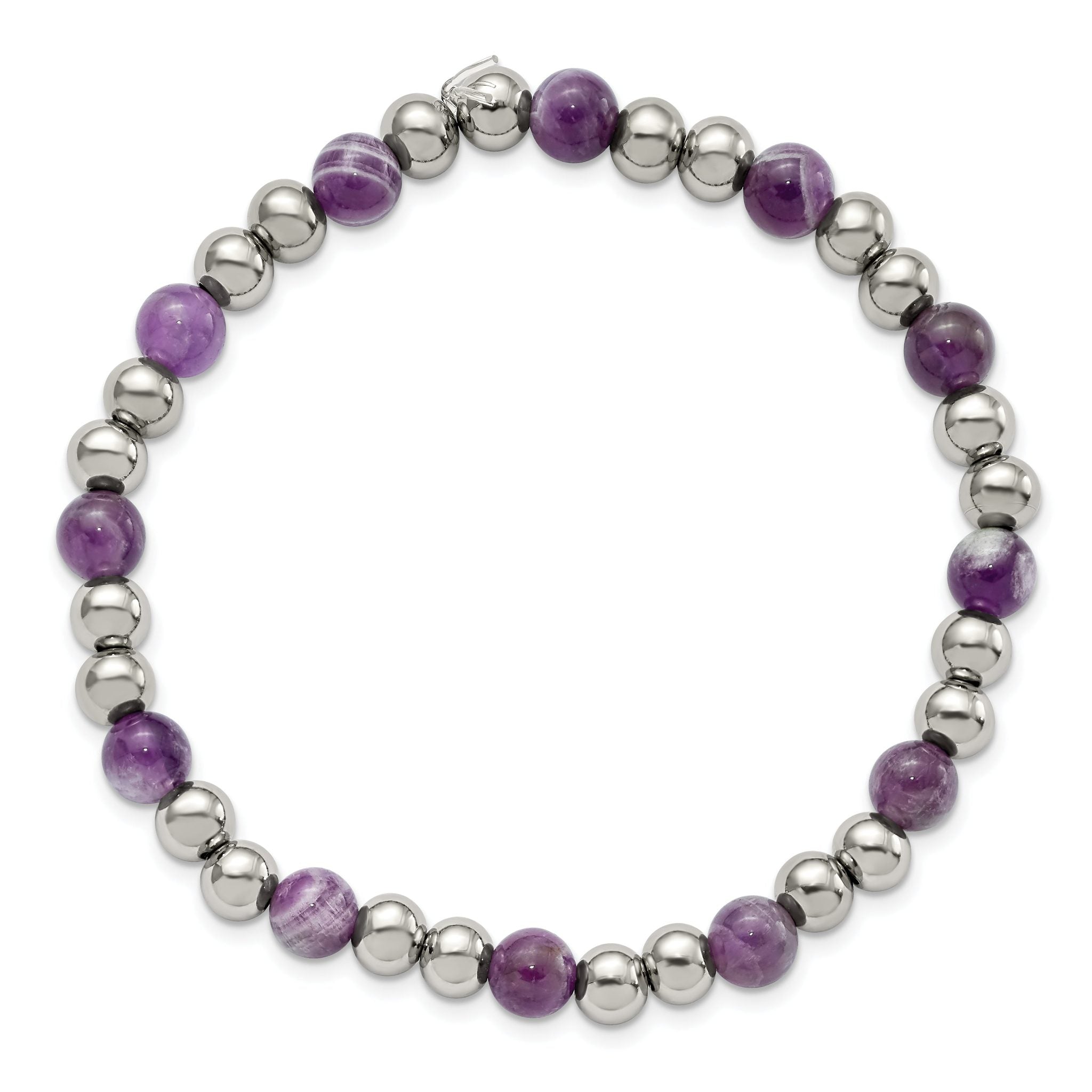 Stainless Steel Polished 6mm Purple Zebra Amethyst Beaded Stretch Bracelet for Women