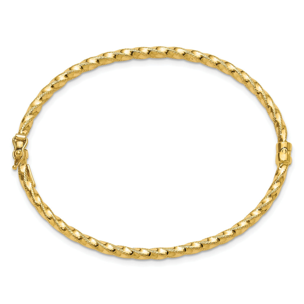 14K Polished/Textured and Twisted Hinged Bangle