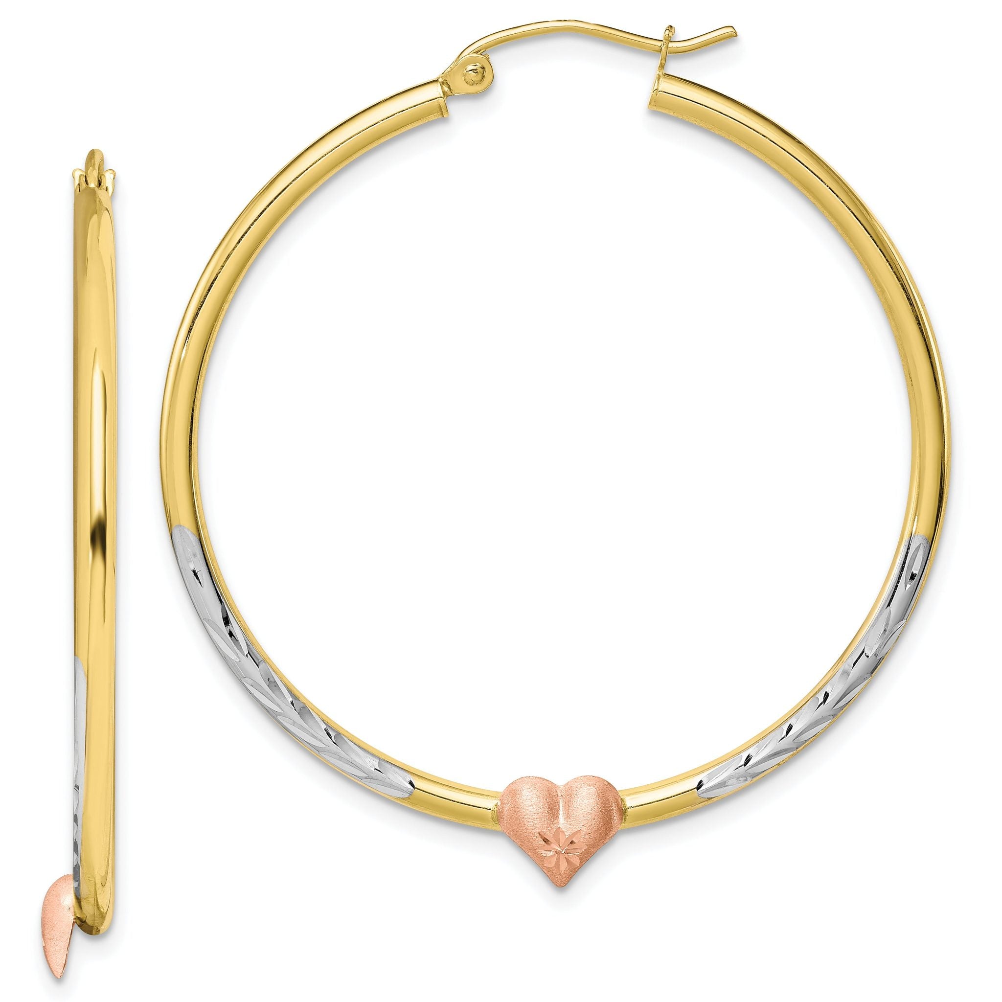 10K Two-Tone Gold Heart Hoop Earrings with Rhodium Accents and Polished Finish