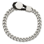 Stainless Steel Polished Curb Chain with Black Braided Leather Hook Bracelet for Men