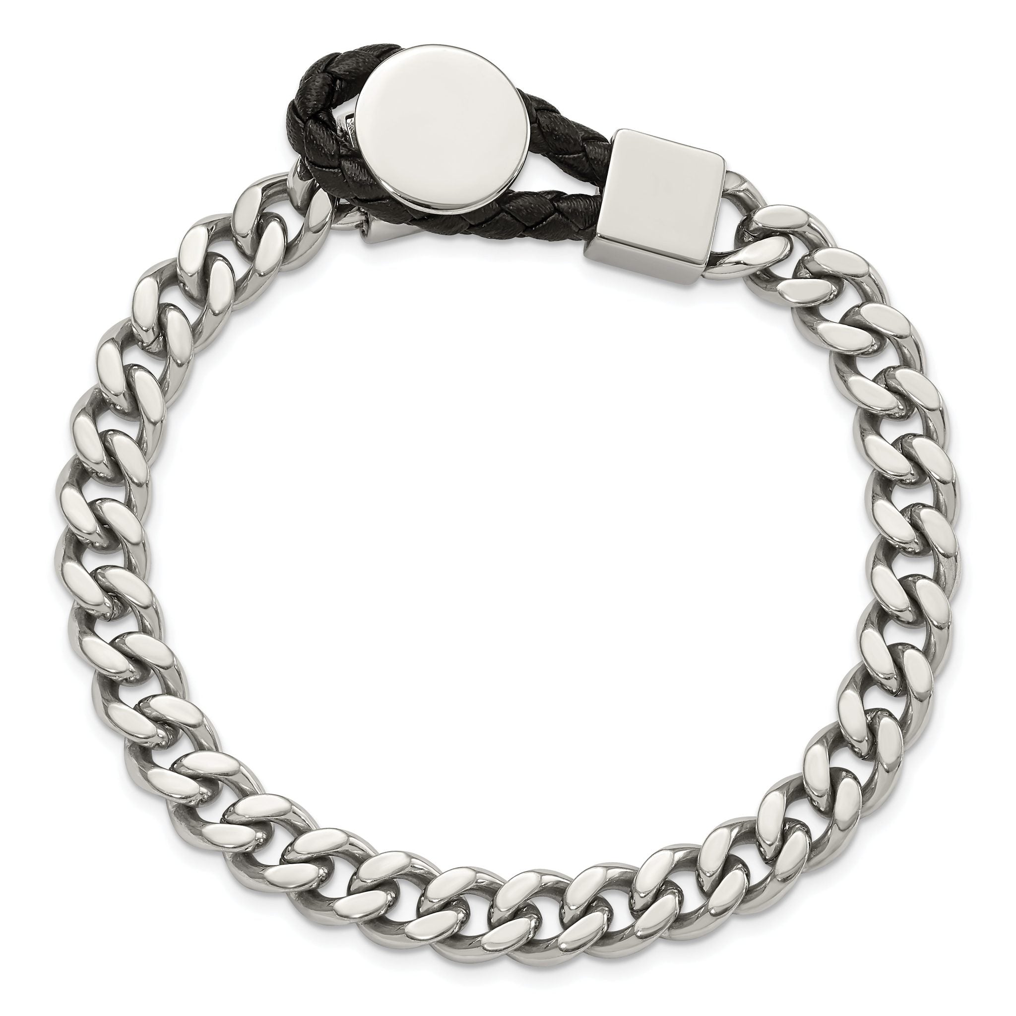 Stainless Steel Polished Curb Chain with Black Braided Leather Hook Bracelet for Men