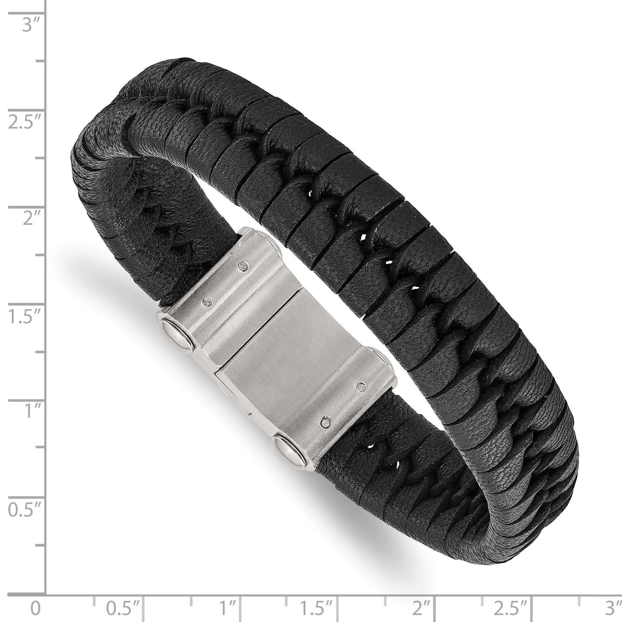 Stainless Steel Brushed Black Leather Bracelet for Men