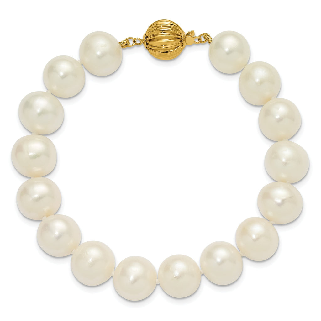 14k Polished 10-11mm Near-Round White Freshwater Cultured Pearl 7.5 inch Bracelet