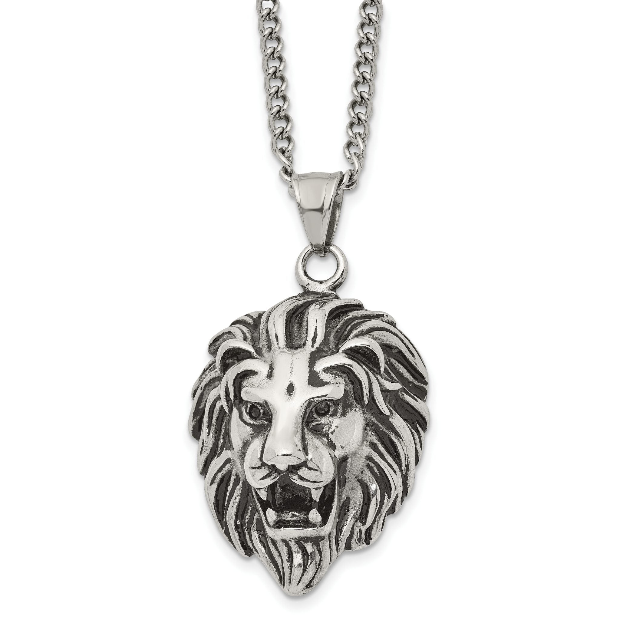 Chisel Stainless Steel Antiqued and Polished Small Lion Head Pendant on a 24 inch Curb Chain Necklace Main image