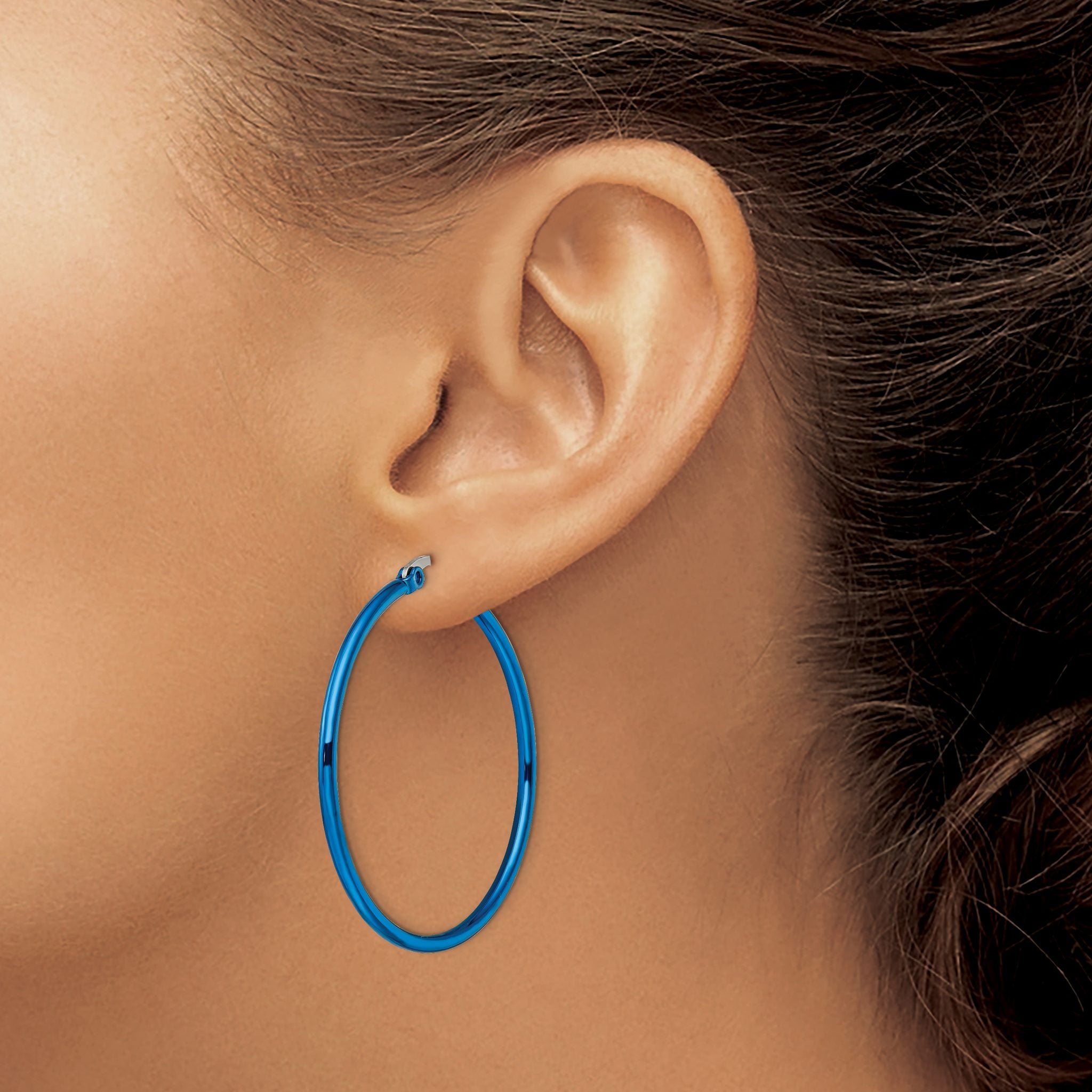 Stainless Steel Blue Polished Hoop Earrings for Women