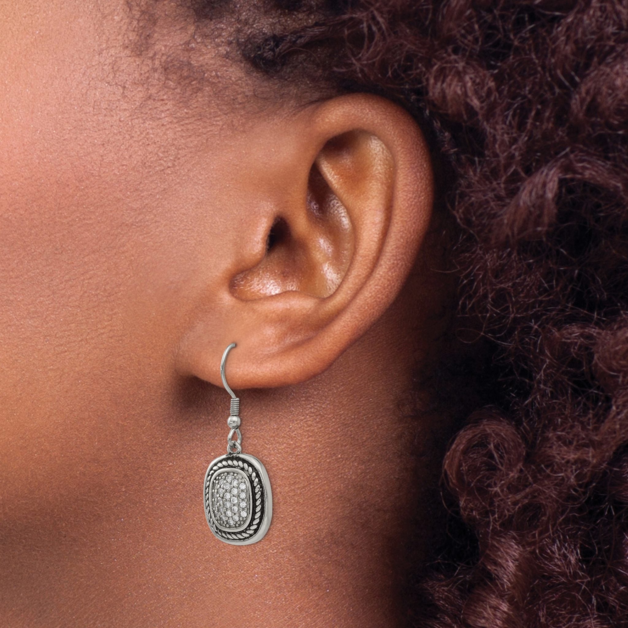 Stainless Steel Polished & Antiqued Cubic Zirconia Drop Dangle Earrings for Women