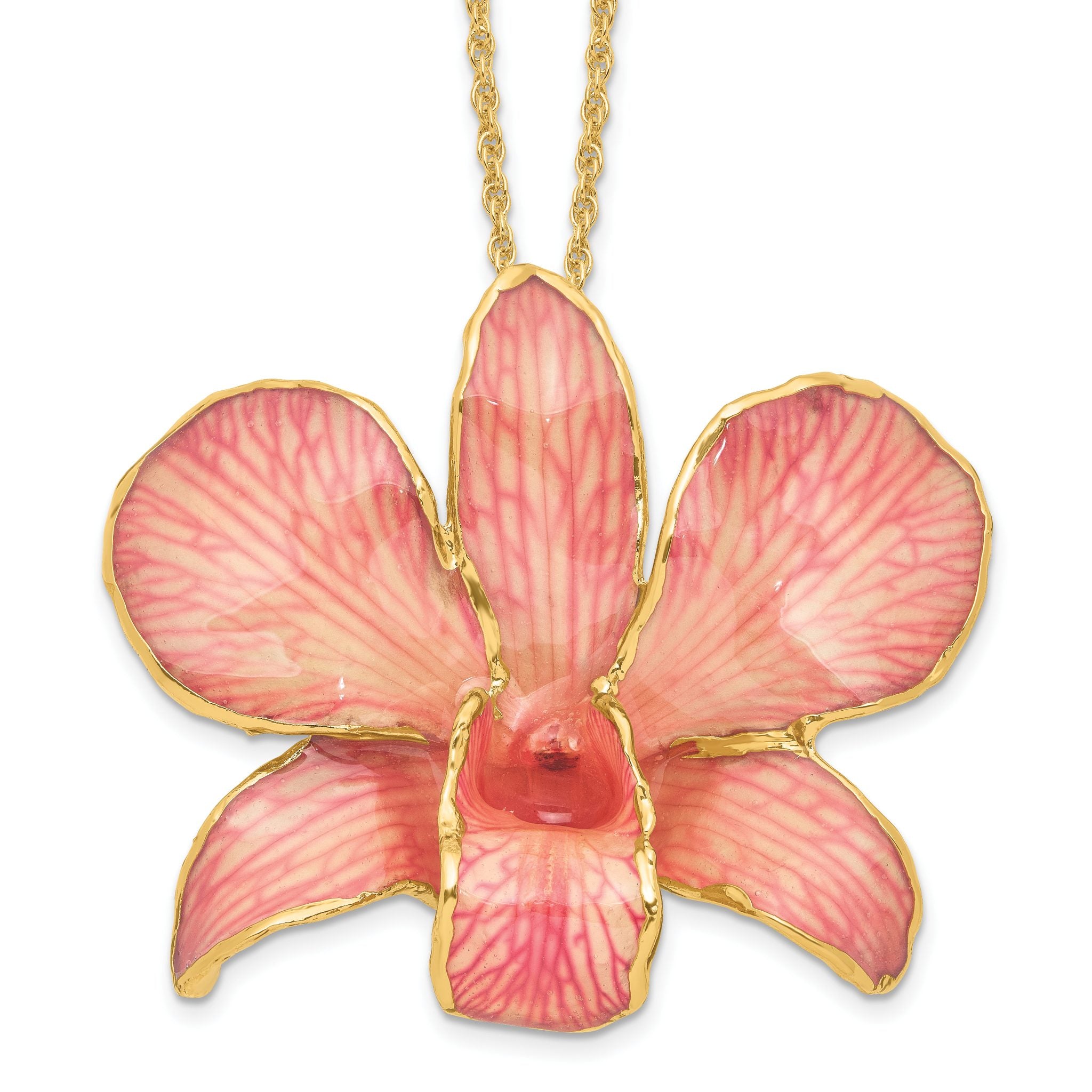 24K Gold-trim Lacquer Dipped Pink Real Dendrobium Orchid 20 inch Gold-tone Necklace Main image