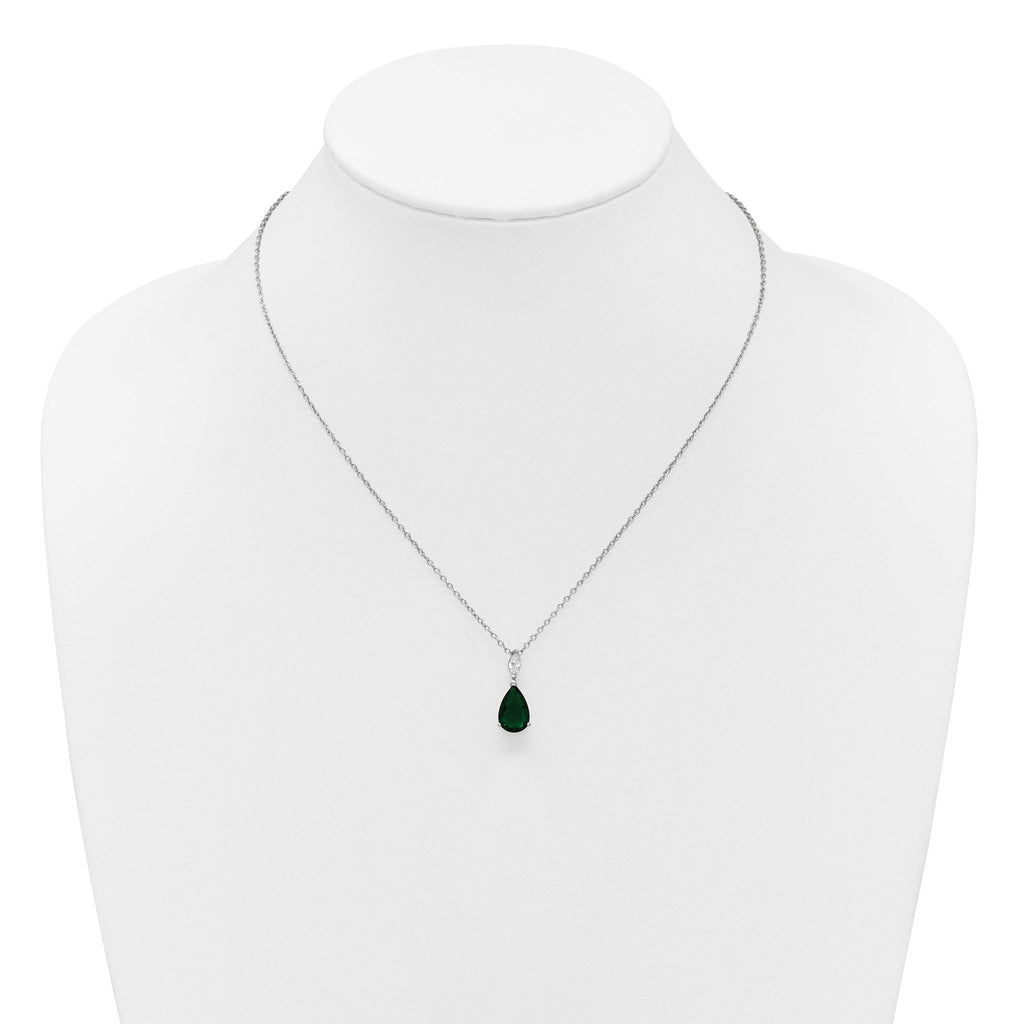 Cheryl M Sterling Silver Rhodium-plated Polished CZ and Green Glass Teardrop 18 Inch Necklace