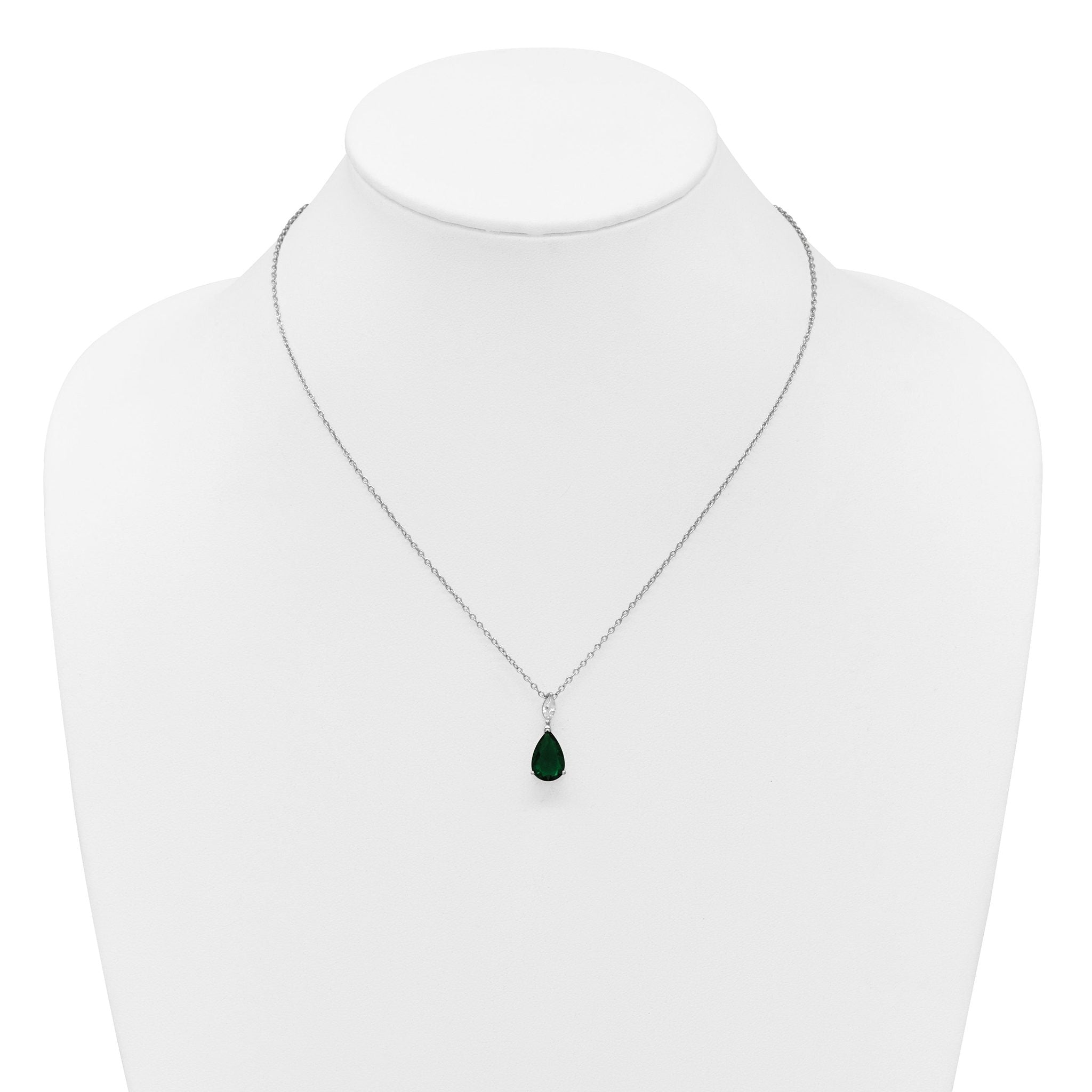 Cheryl M Sterling Silver Rhodium-plated Polished CZ and Green Glass Teardrop 18 Inch Necklace