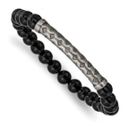 Stainless Steel Antiqued White Bronze-plated 8.5mm Black Agate 8.5mm Stretch Bracelet