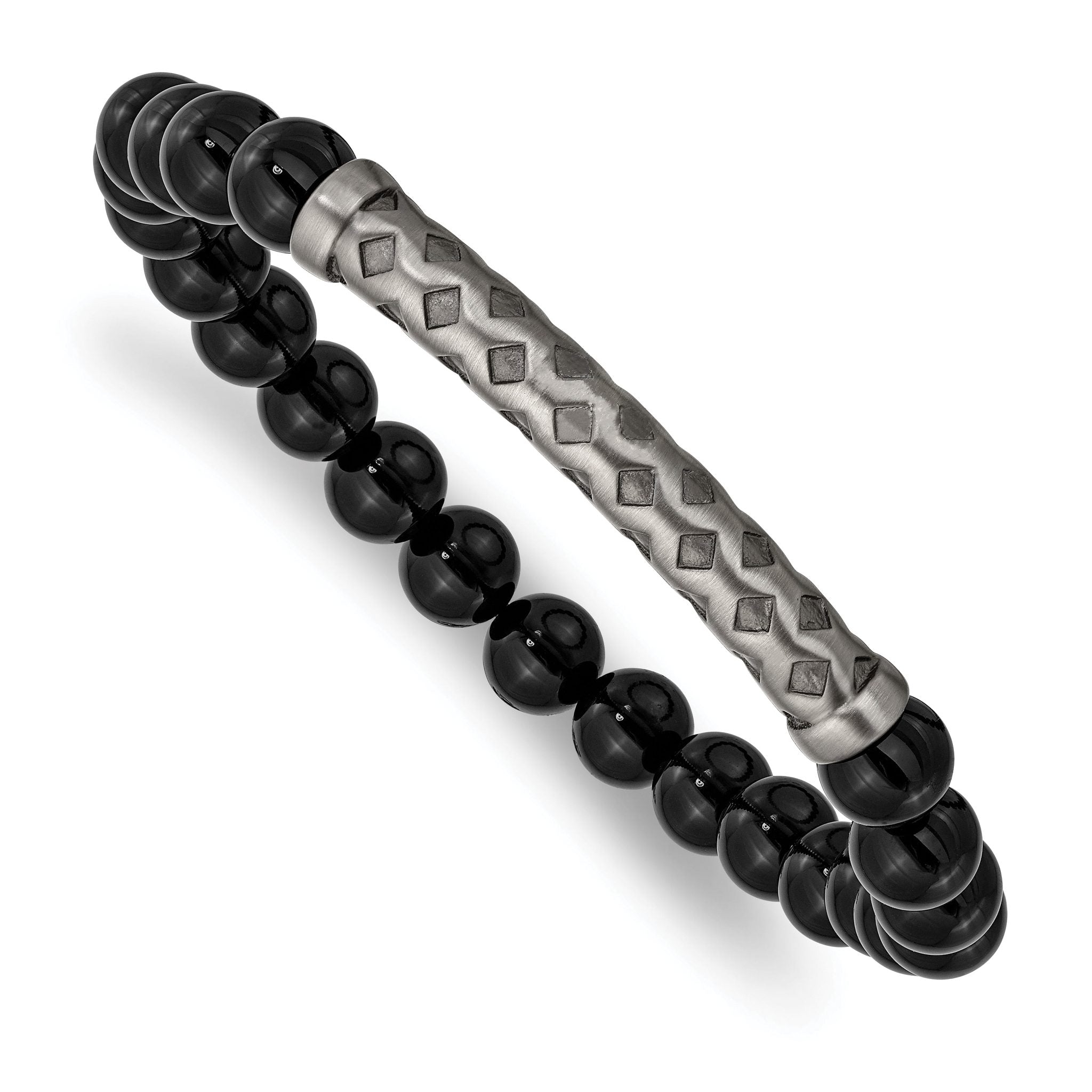 Stainless Steel Antiqued White Bronze-plated 8.5mm Black Agate 8.5mm Stretch Bracelet