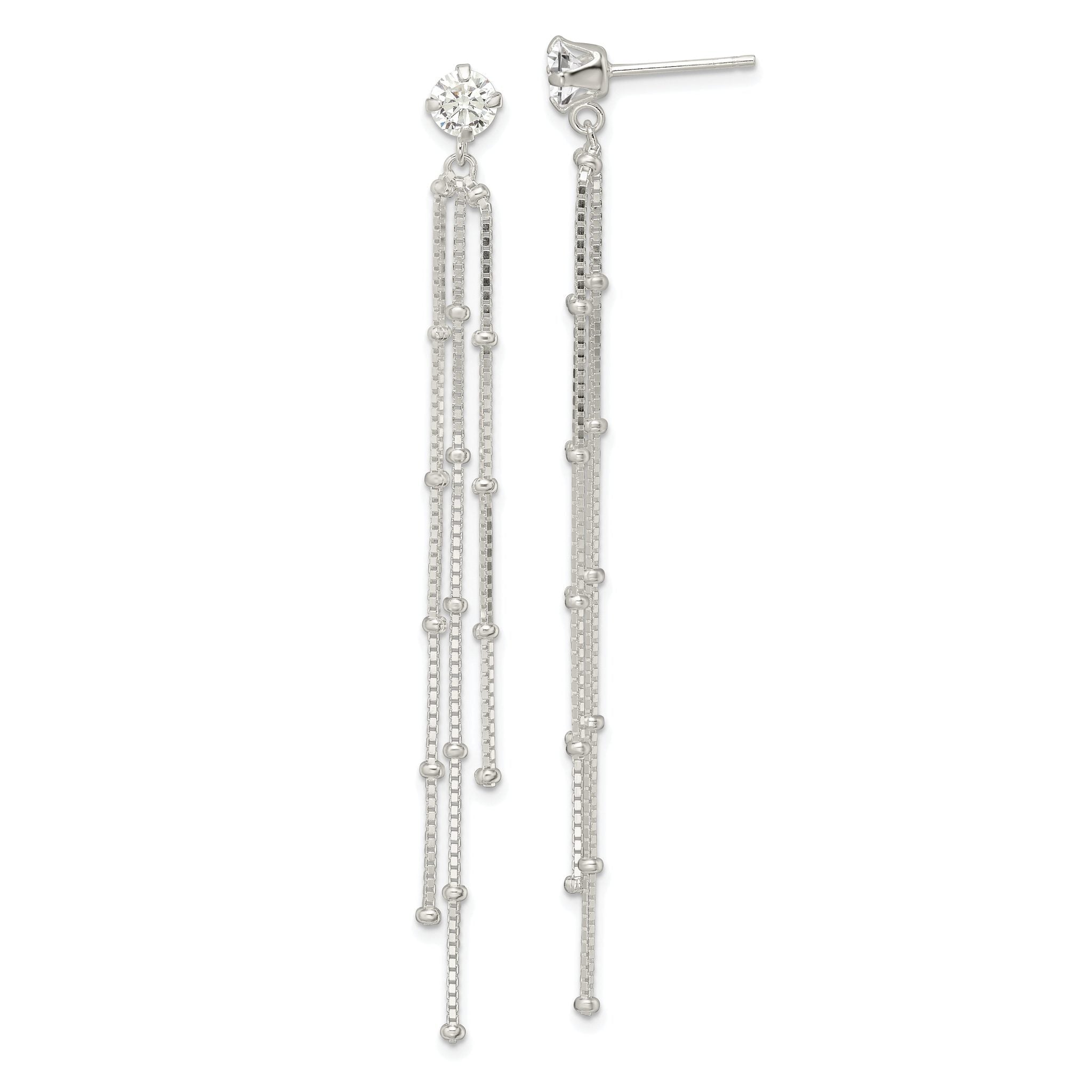 Sterling Silver Polished CZ & Beaded Chain Post Dangle Earrings Main image