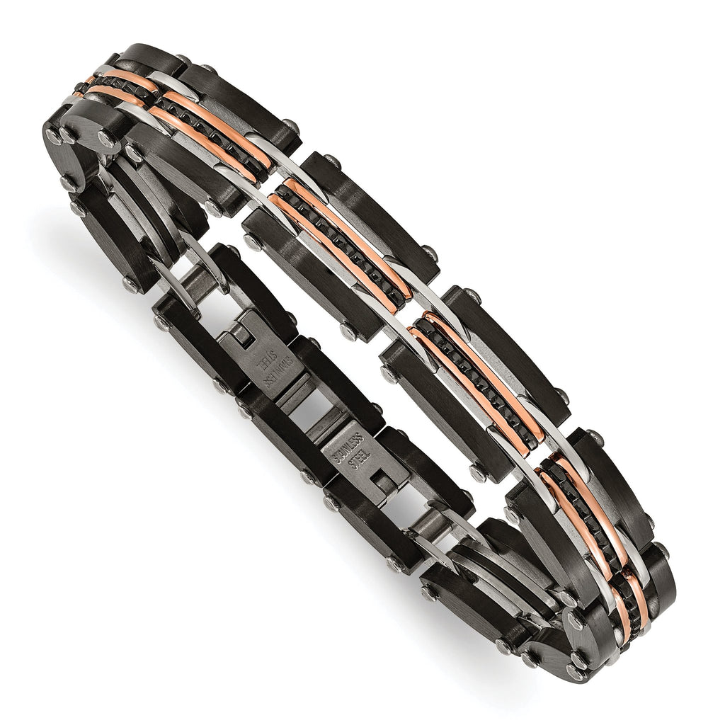 Stainless Steel Brushed and Polished Black and Rose IP-plated Reversible Bracelet with . Extension