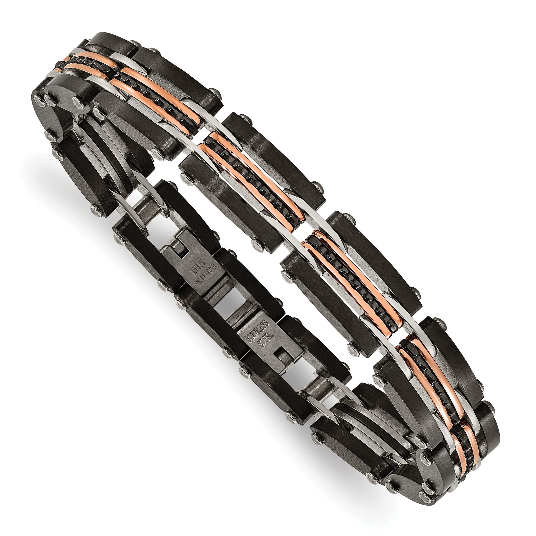 Stainless Steel Brushed and Polished Black and Rose IP-plated Reversible Bracelet with . Extension