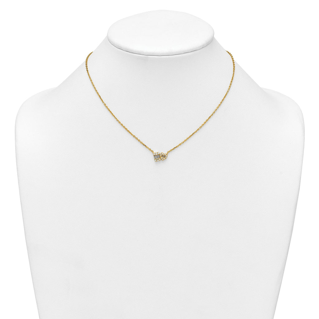 Sterling Silver Gold-tone Polished Heart and Rectangle with Round and Baguette CZ 16 Inch with 2 Inch Extension Necklace