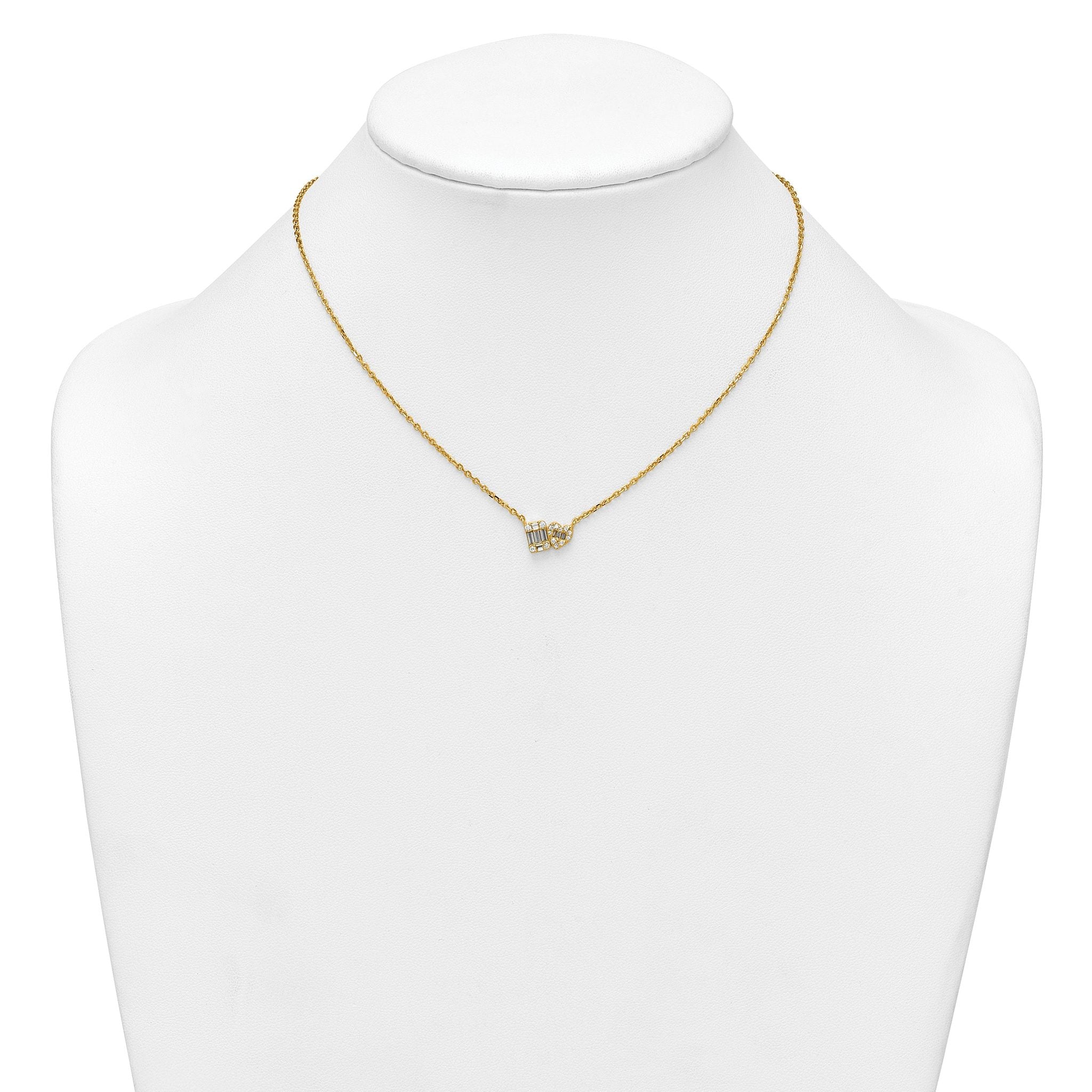 Sterling Silver Gold-tone Polished Heart and Rectangle with Round and Baguette CZ 16 Inch with 2 Inch Extension Necklace
