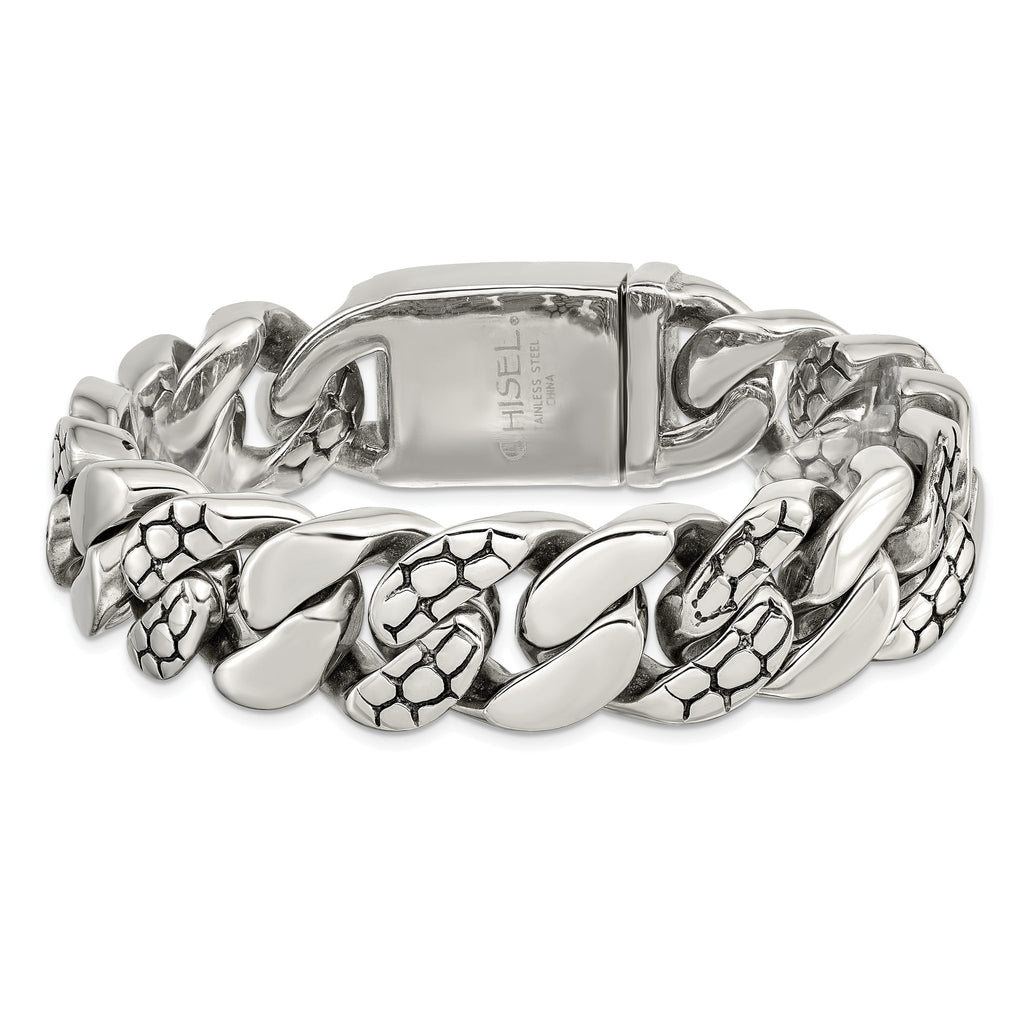 Stainless Steel Polished and Textured Snake Skin Design Curb Bracelet for Men