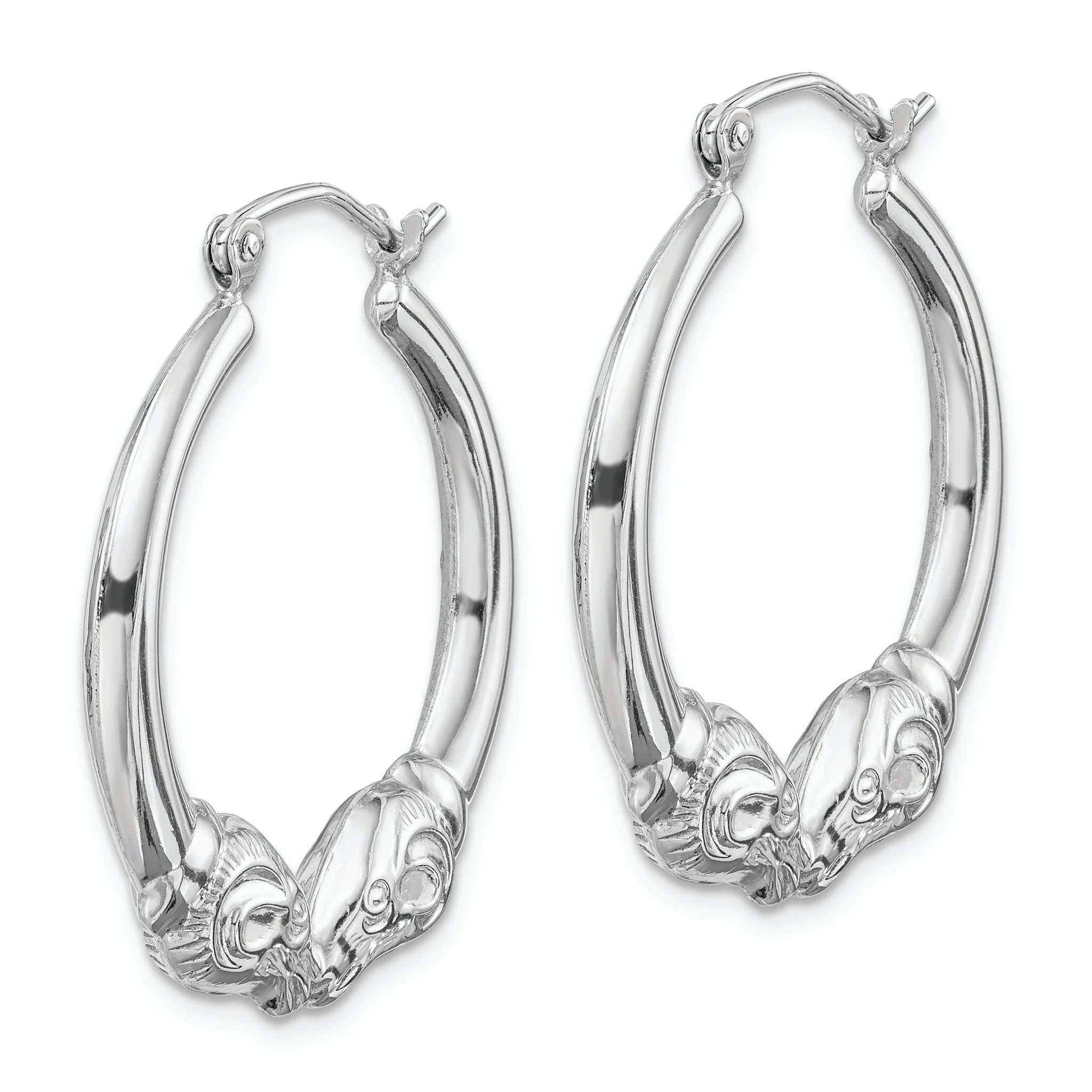 Sterling Silver Rhod-plated Textured Ram Head Round Hoop Earrings Secondary image