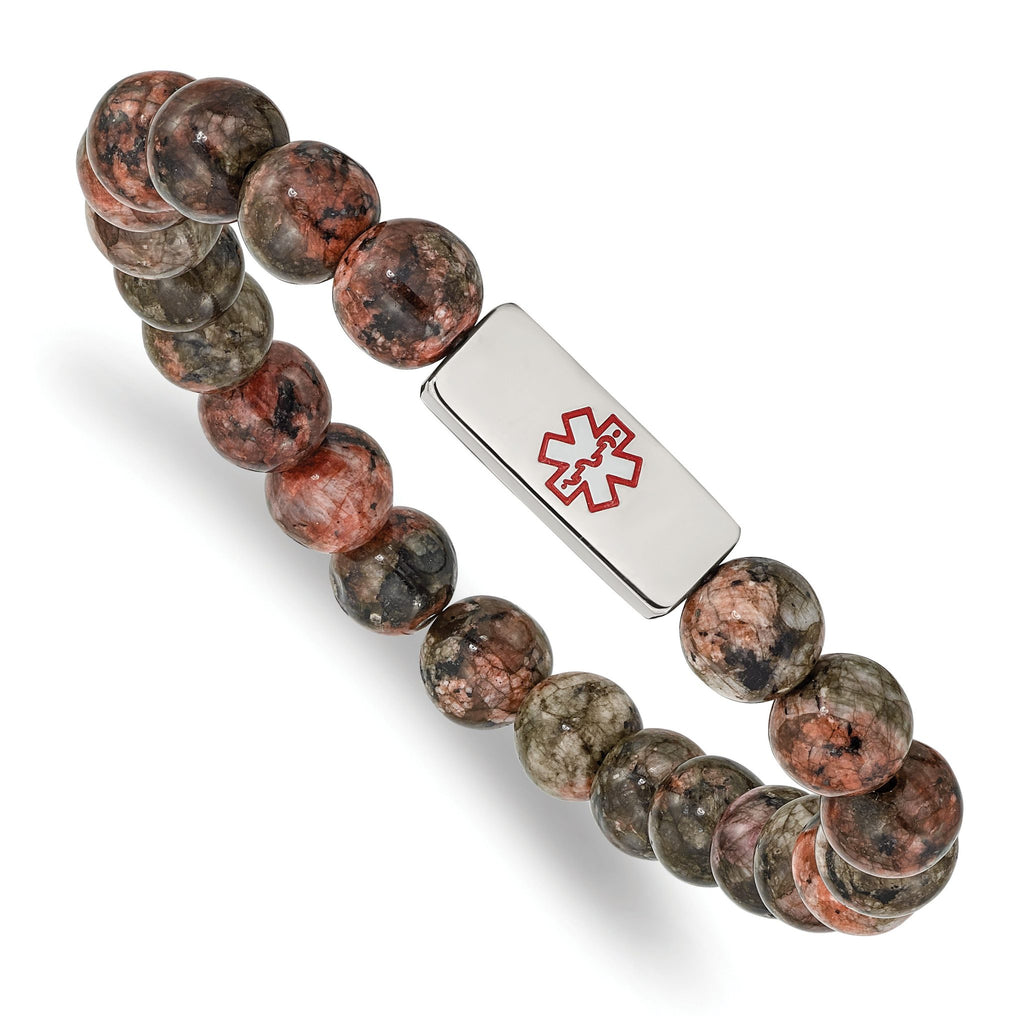Stainless Steel Polished with Red Enamel Medical ID 8.5mm Poppy Jasper Beaded Stretch Bracelet