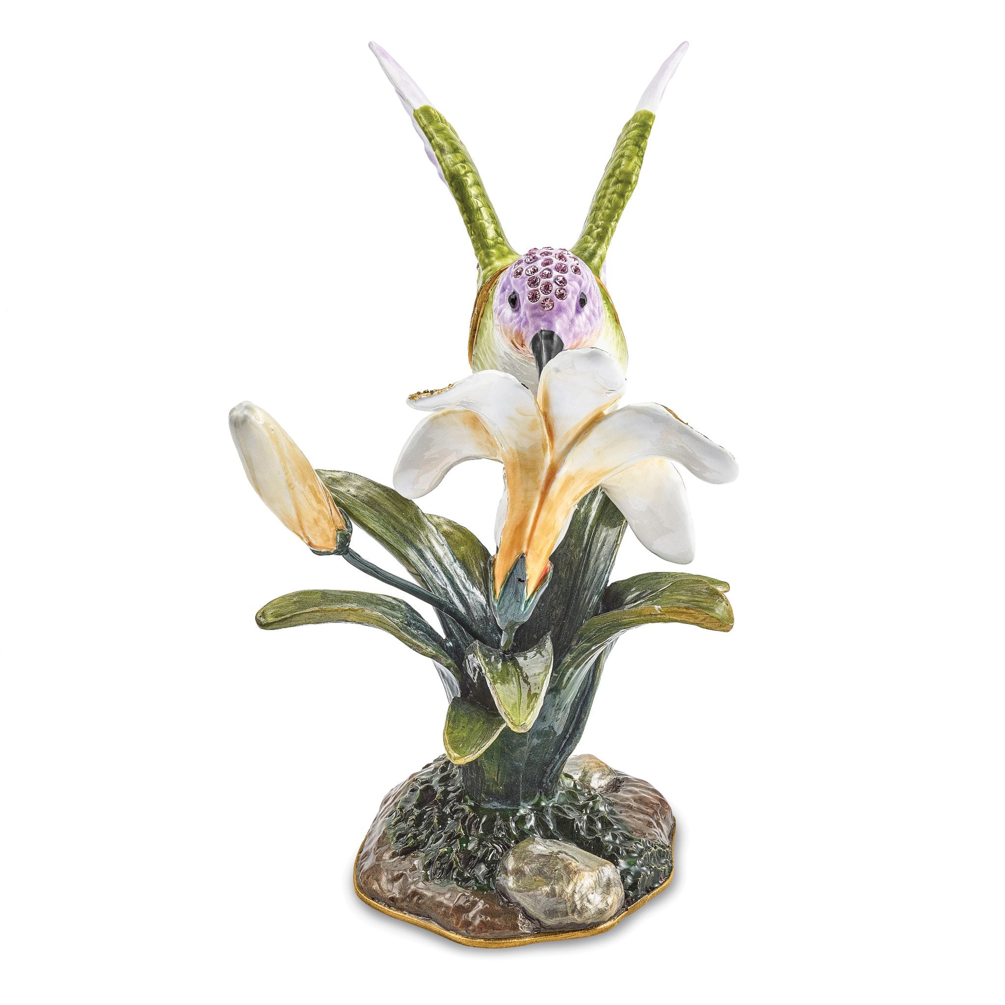 Luxury Giftware by Jere Pewter Bejeweled Crystals Gold-tone Enameled VIOLA Hummingbird & Daylily Trinket Box with Matching 18 Inch Necklace