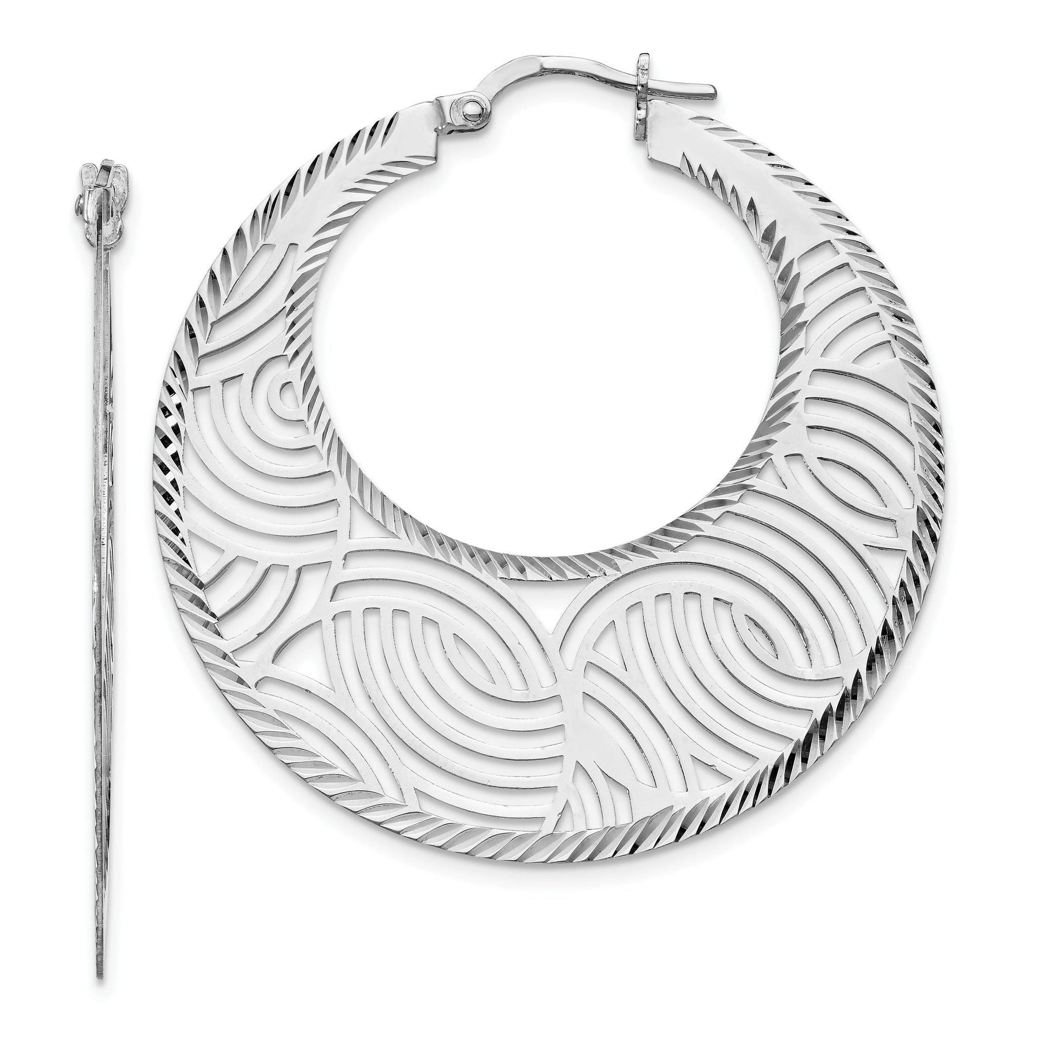 Sterling Silver 925 Hoop Earrings with Rhodium Polish and Diamond Cut Design Main image