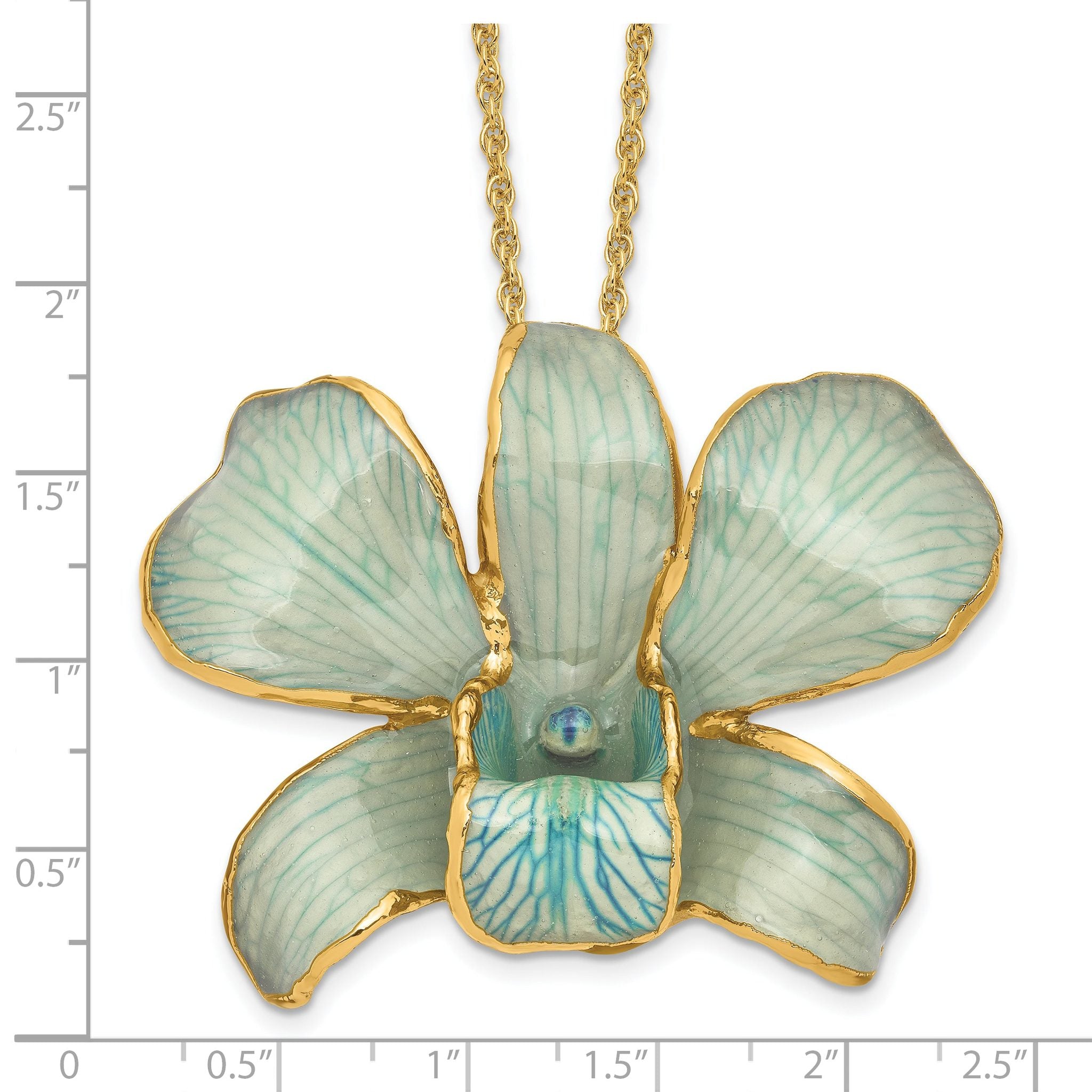 24K Gold-trim Lacquer Dipped Blue Real Dendrobium Orchid 20in Gold-tone Necklace