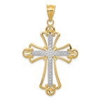 14K Gold Budded Cross Pendant with Rhodium Plating Elegant Solid Design