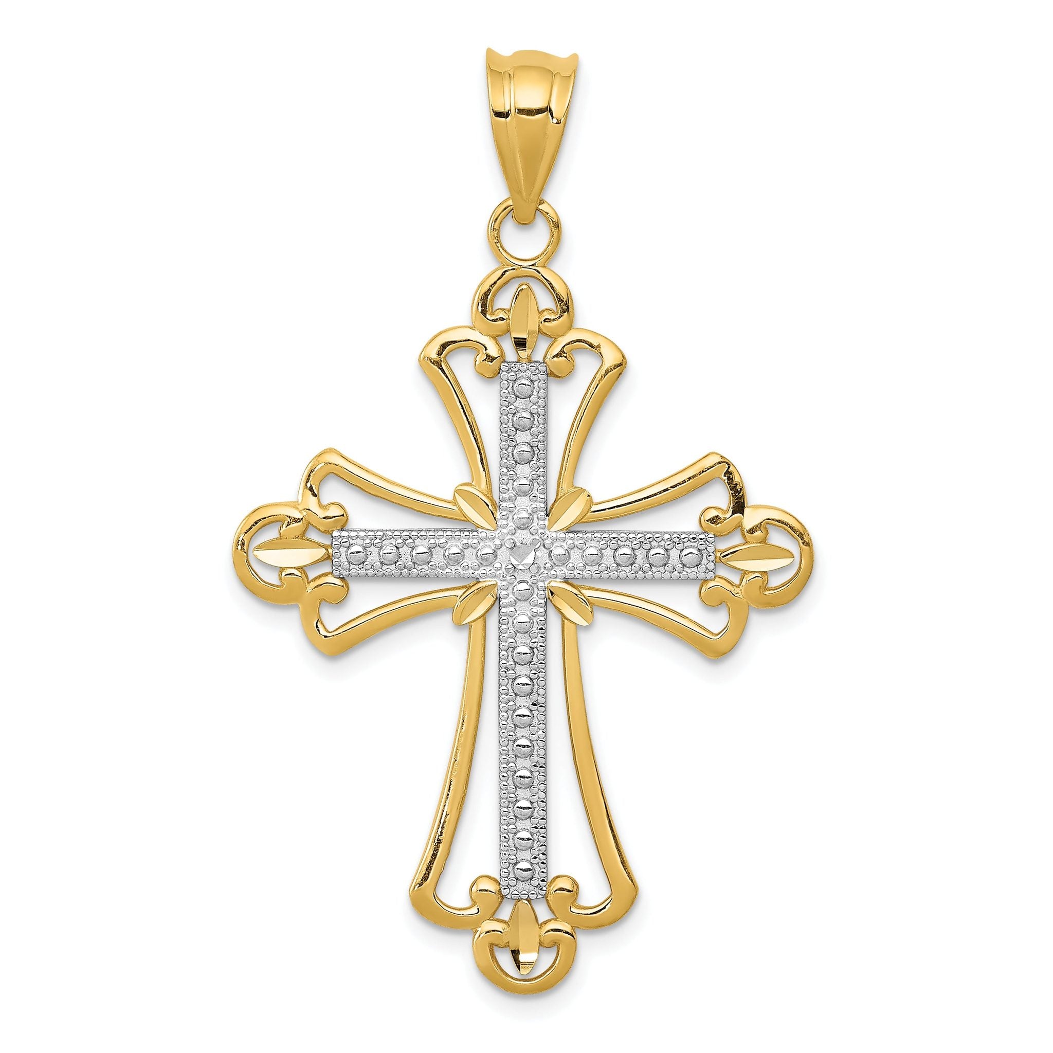 14K Gold Budded Cross Pendant with Rhodium Plating Elegant Solid Design