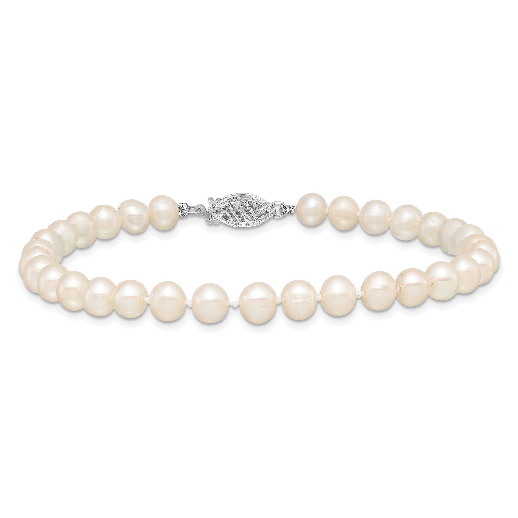 14k White Gold 5-6mm White Near Round Freshwater Cultured Pearl 7.5 inch Bracelet