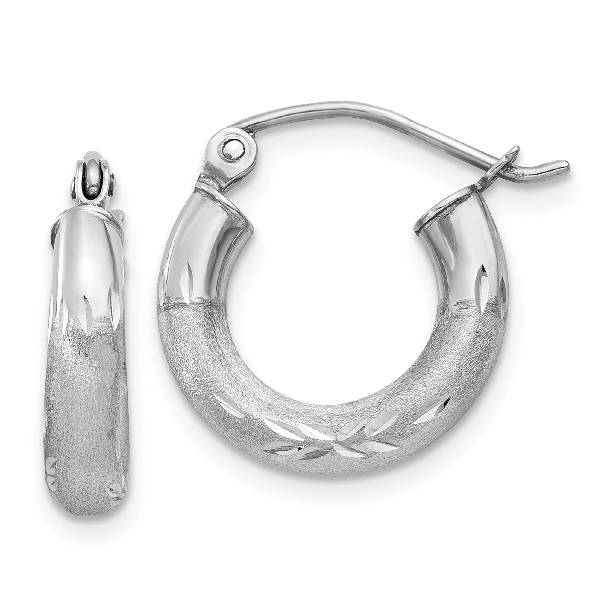 10k White Gold Satin & Diamond-cut 3mm Round Hoop Earrings Main image