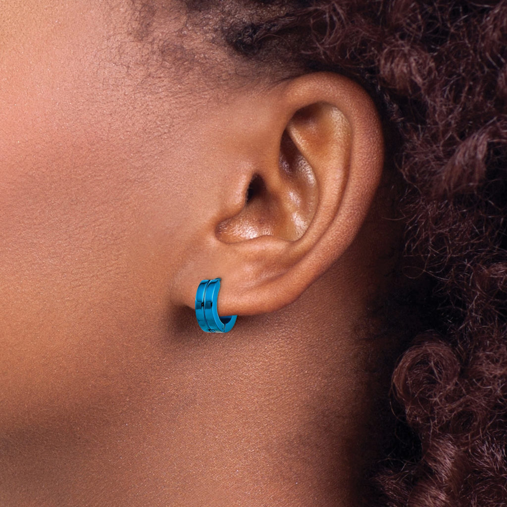 Stainless Steel Blue Polished Hinged Huggie Hoop Earrings