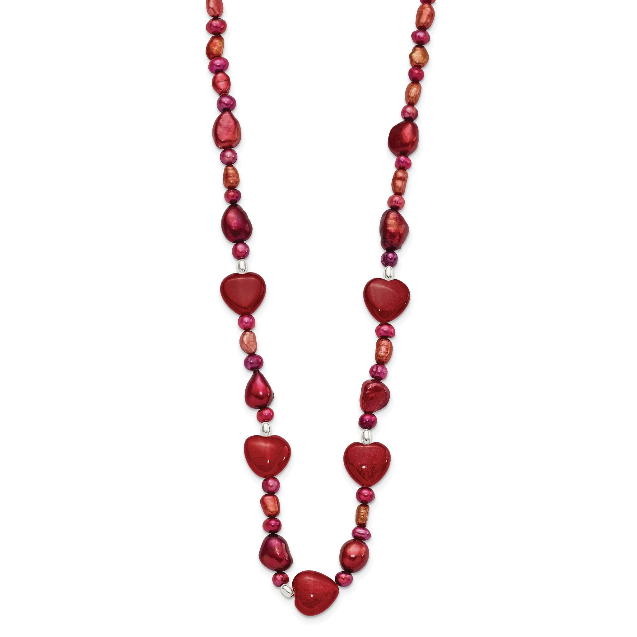 Sterling Silver Red Jade Hearts/FW Cultured Pearl Necklace Secondary image
