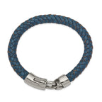 Stainless Steel Antiqued and Polished Blue Braided Leather Bracelet for Men