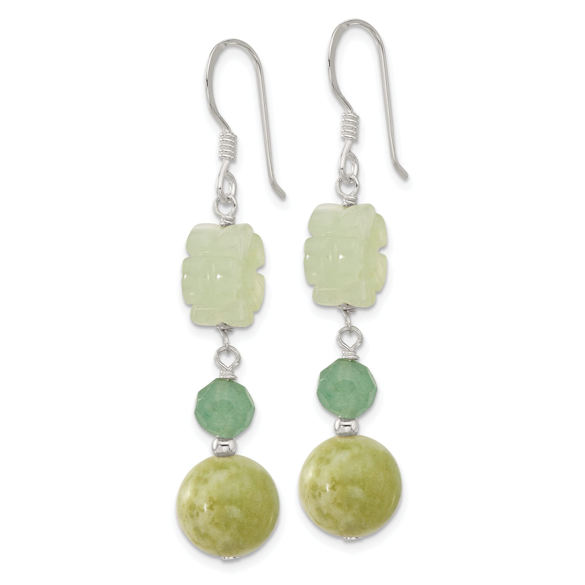 Sterling Silver Polished Aventurine & Jade Flower Dangle Earrings Secondary image