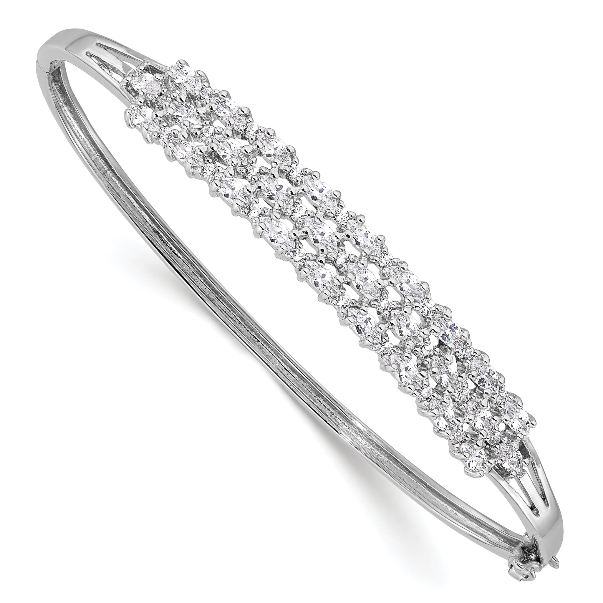Sterling Silver Rhodium-plated Polished Graduated CZ 3 Row Hinged Bracelet Main image