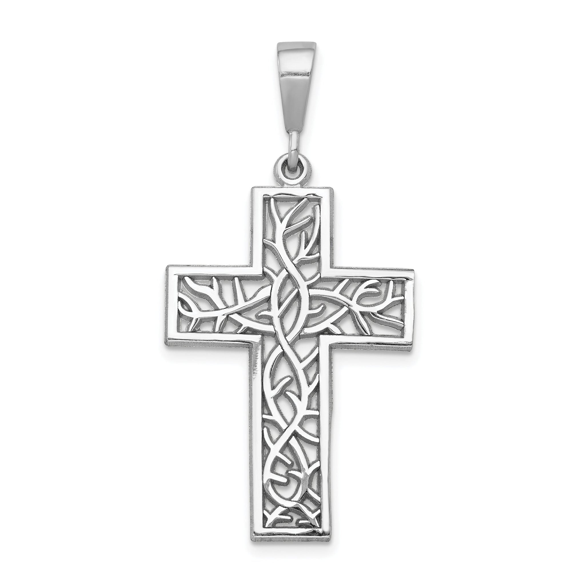 14K White Gold Thorn Cross Pendant with Rhodium Plating