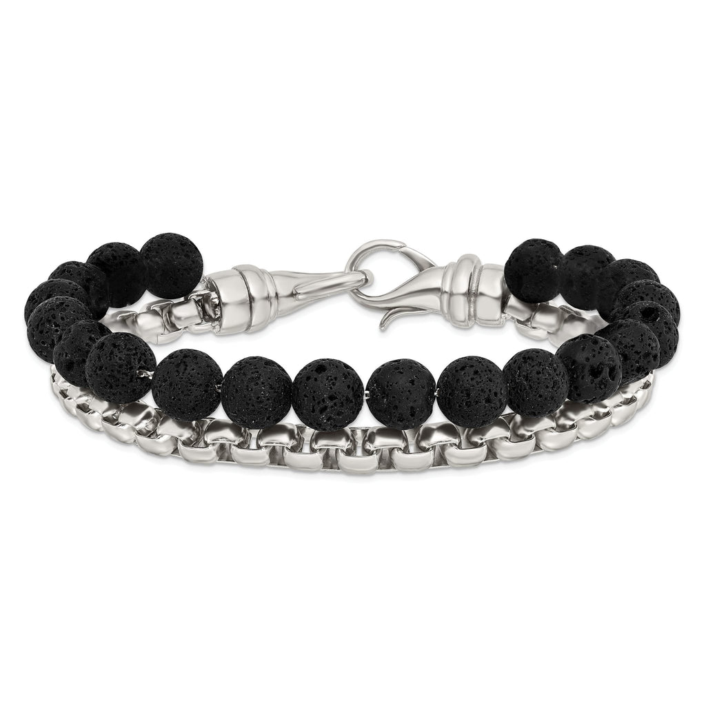 Stainless Steel Polished Box Chain & Lava Stone 2 Stand Bracelet