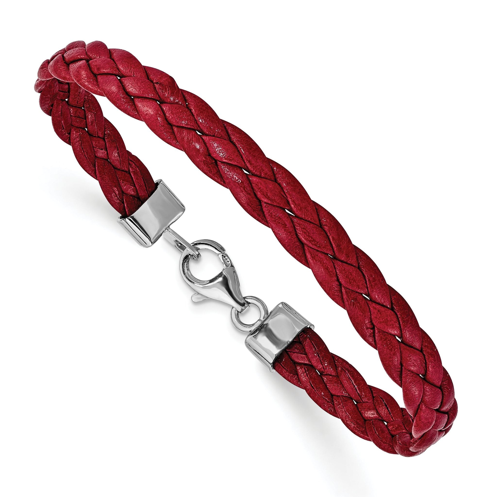 Sterling Silver Rhodium Plated Red Braided Leather 7 inch Bracelet Main image