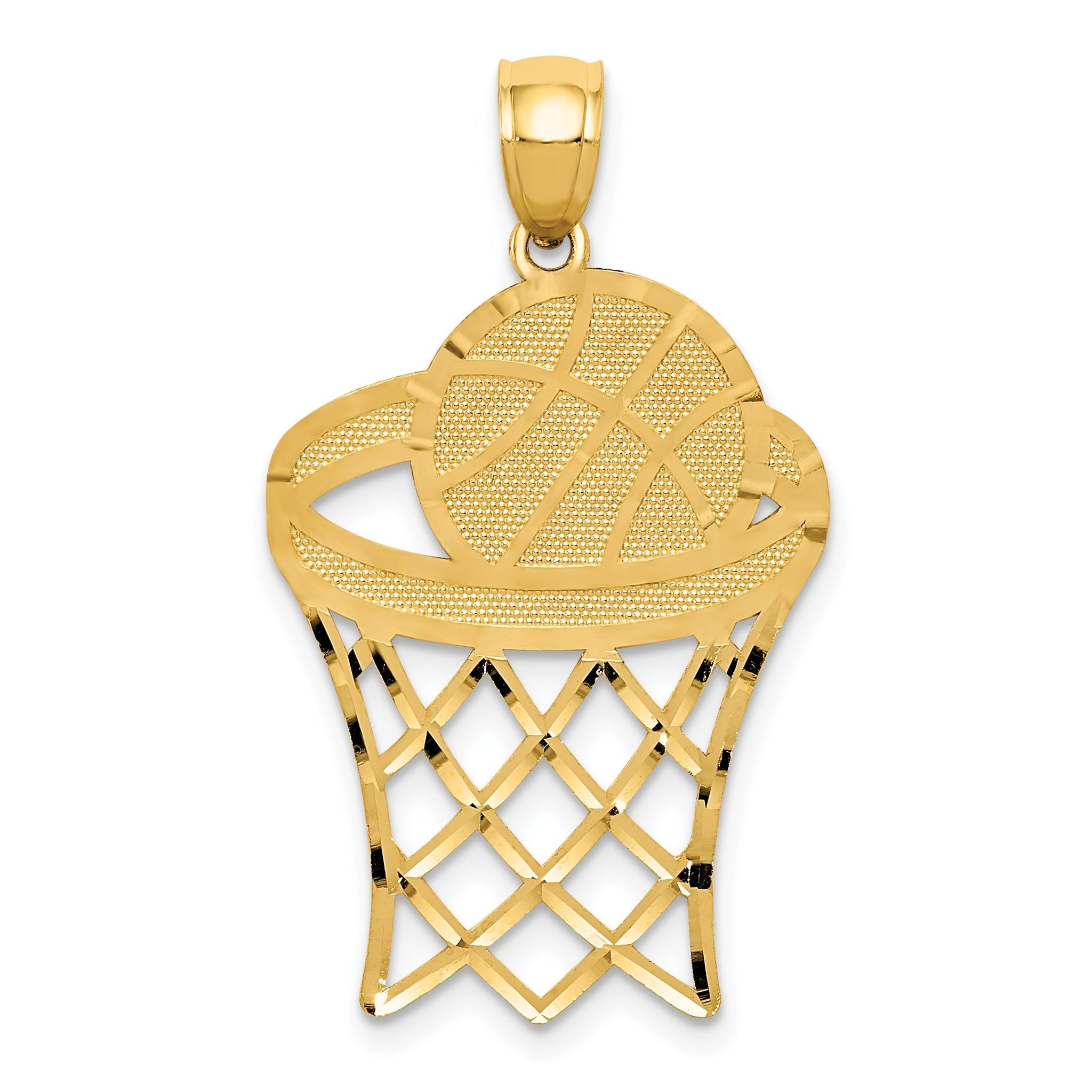 14K Gold Basketball in Hoop Pendant with Diamond-Cut Polished Design for Men
