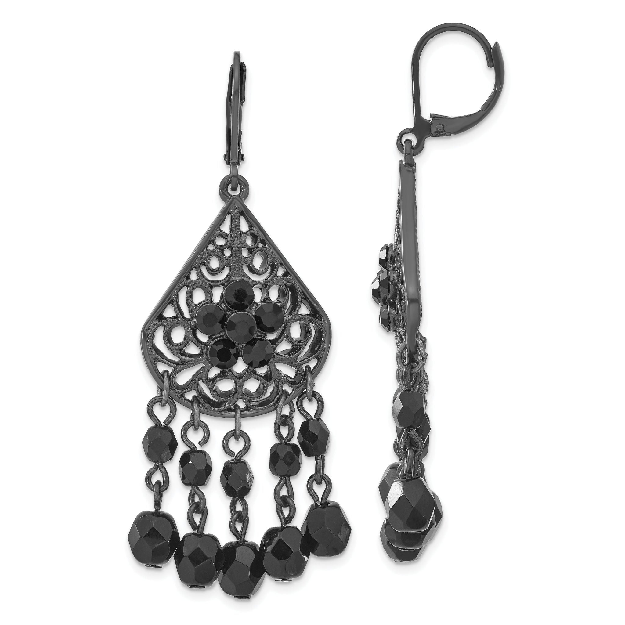 1928 Jewelry Black-plated Filigree Pear Shaped and Faceted Jet Black Epoxy Stones Dangle Leverback Earrings Main image
