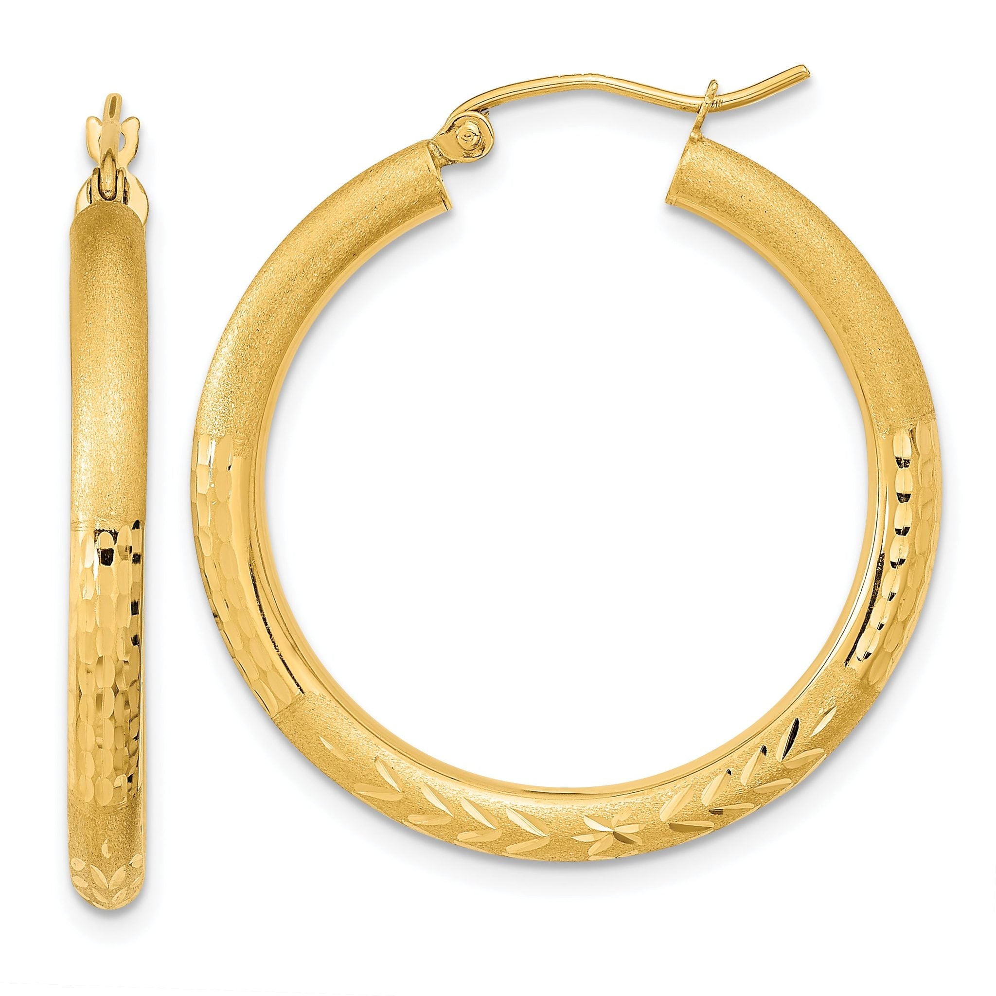 14k Polished Satin and Diamond-cut Hoop Earrings Main image