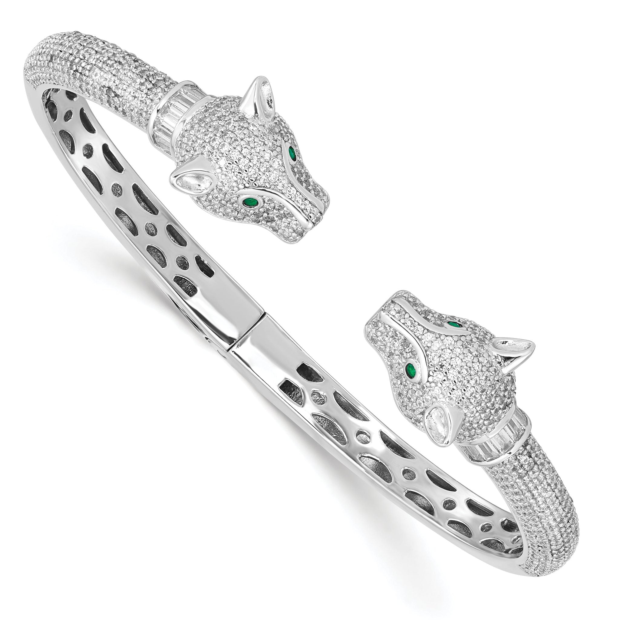 Sterling Silver Rhodium-plated Polished CZ Lioness Hinged Cuff Bangle Main image