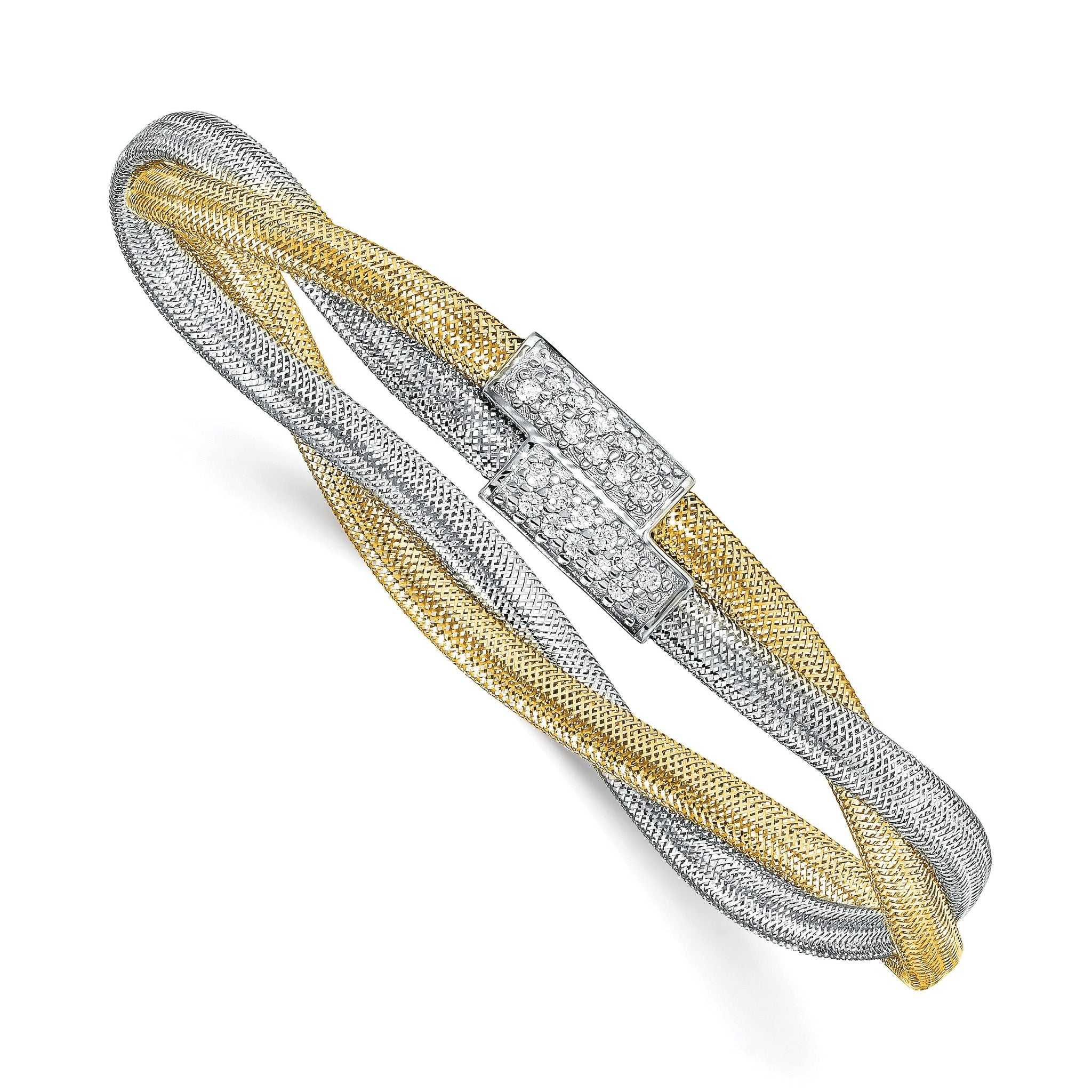 14K with White Rhodium CZ Polished Mesh Stretch Bracelet Main image