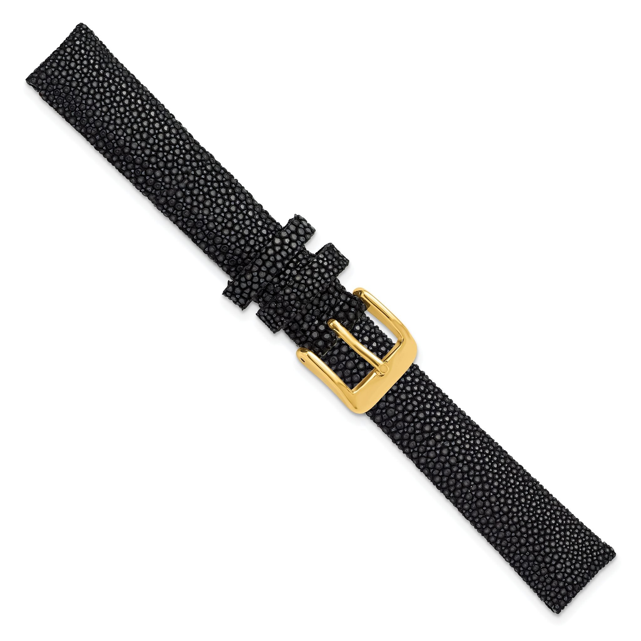 16mm Black Genuine Stingray with Gold-tone Buckle 7.5 inch Watch Band